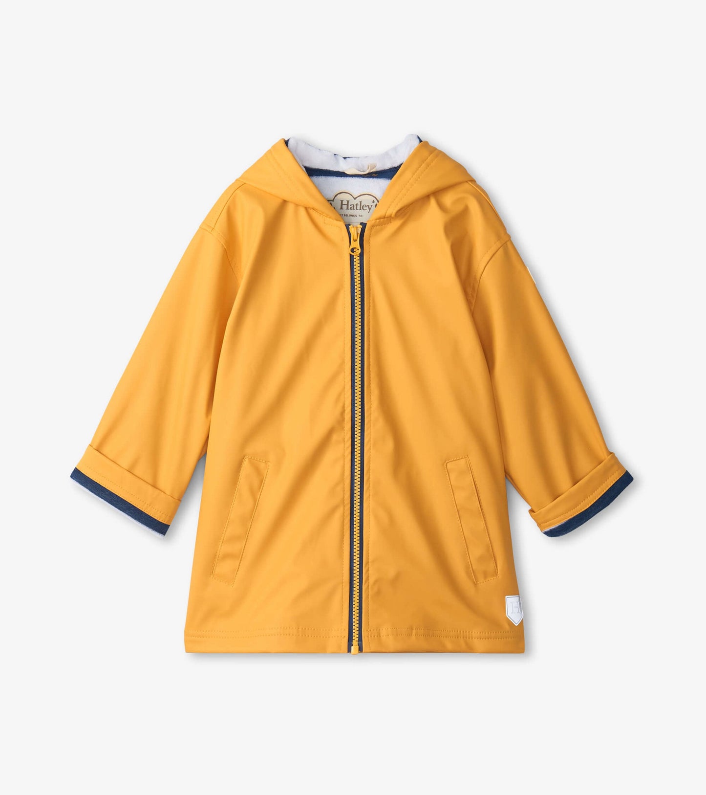 Yellow zip-up raincoat for kids with a hood and navy trim, featuring two front pockets.