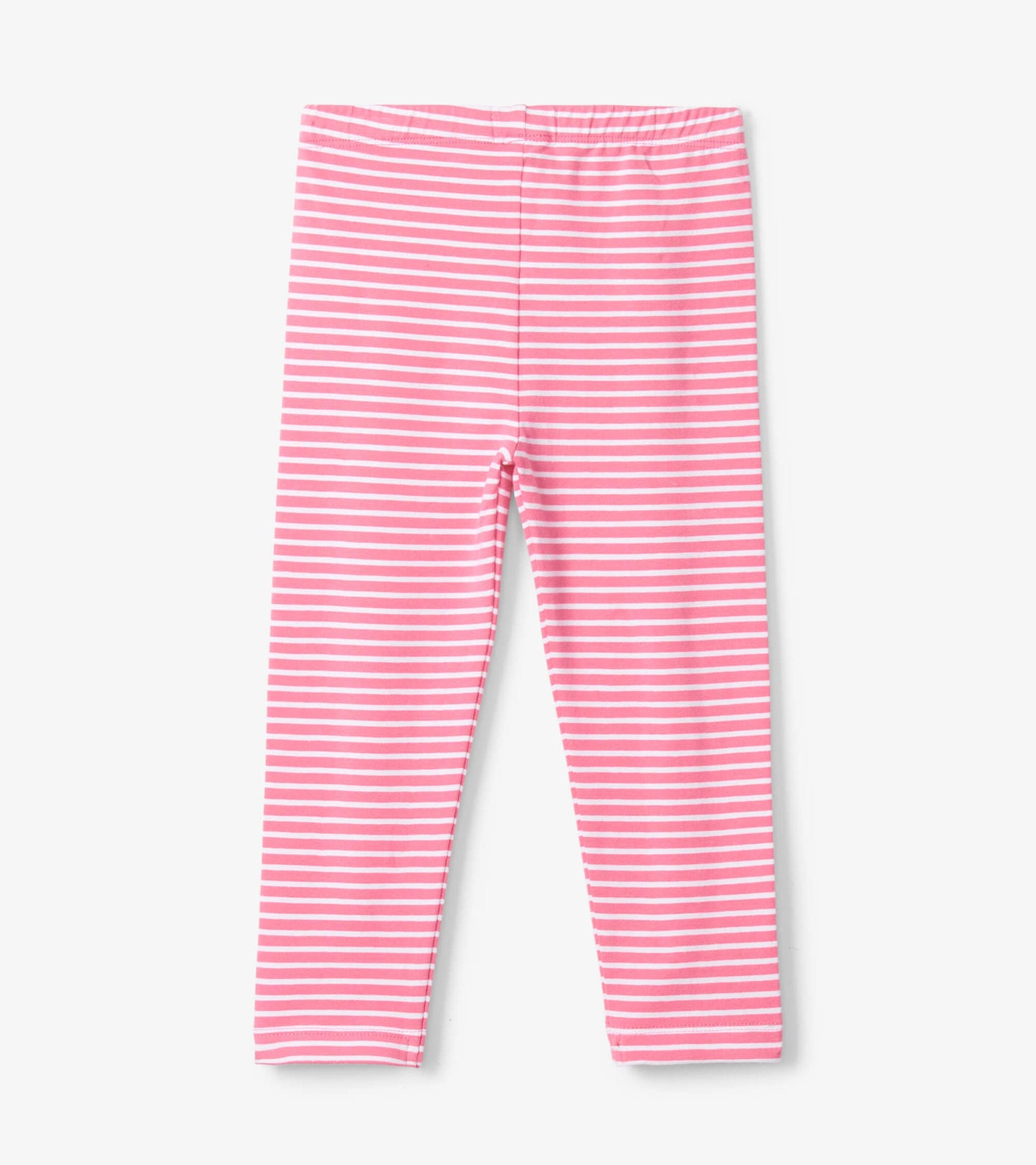Pink toddler leggings featuring horizontal white stripes and an elastic waistband. Suitable for active play.