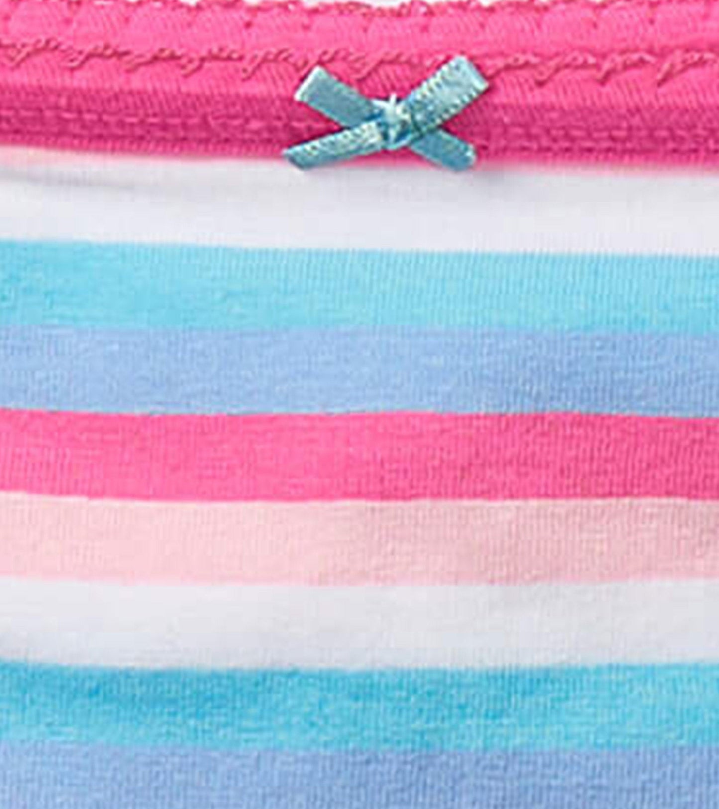 Colorful striped girls' brief underwear featuring pink, blue, and white stripes with a decorative bow on the waistband.