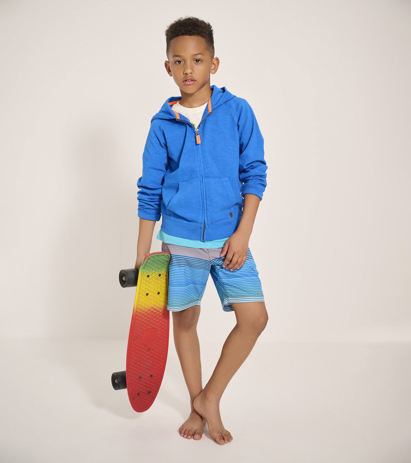 Boys' quick-dry shorts in blue with horizontal stripes, ideal for beach or pool activities.