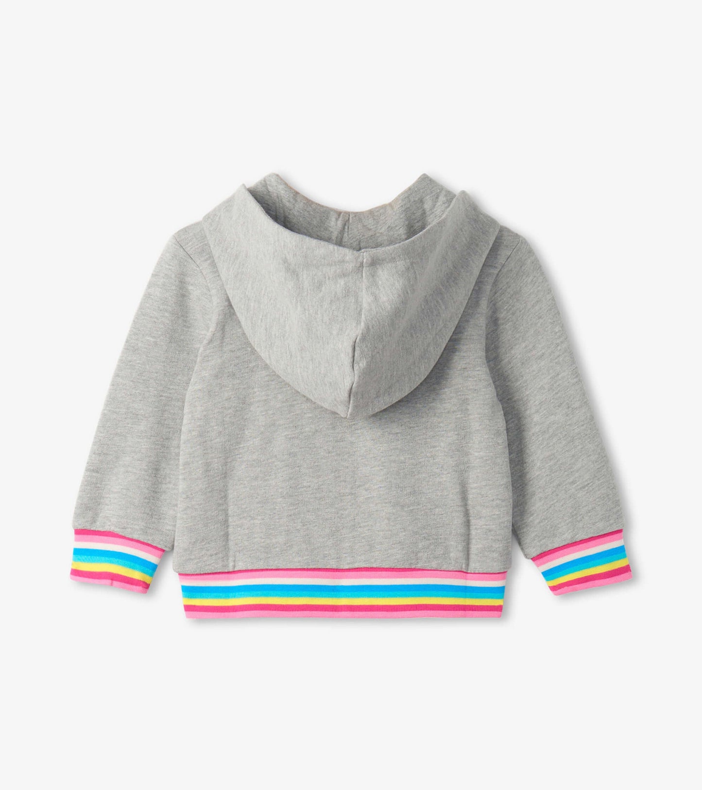 Gray full zip hoodie with a colorful striped hem and cuffs, featuring a hood and soft fabric, suitable for babies.