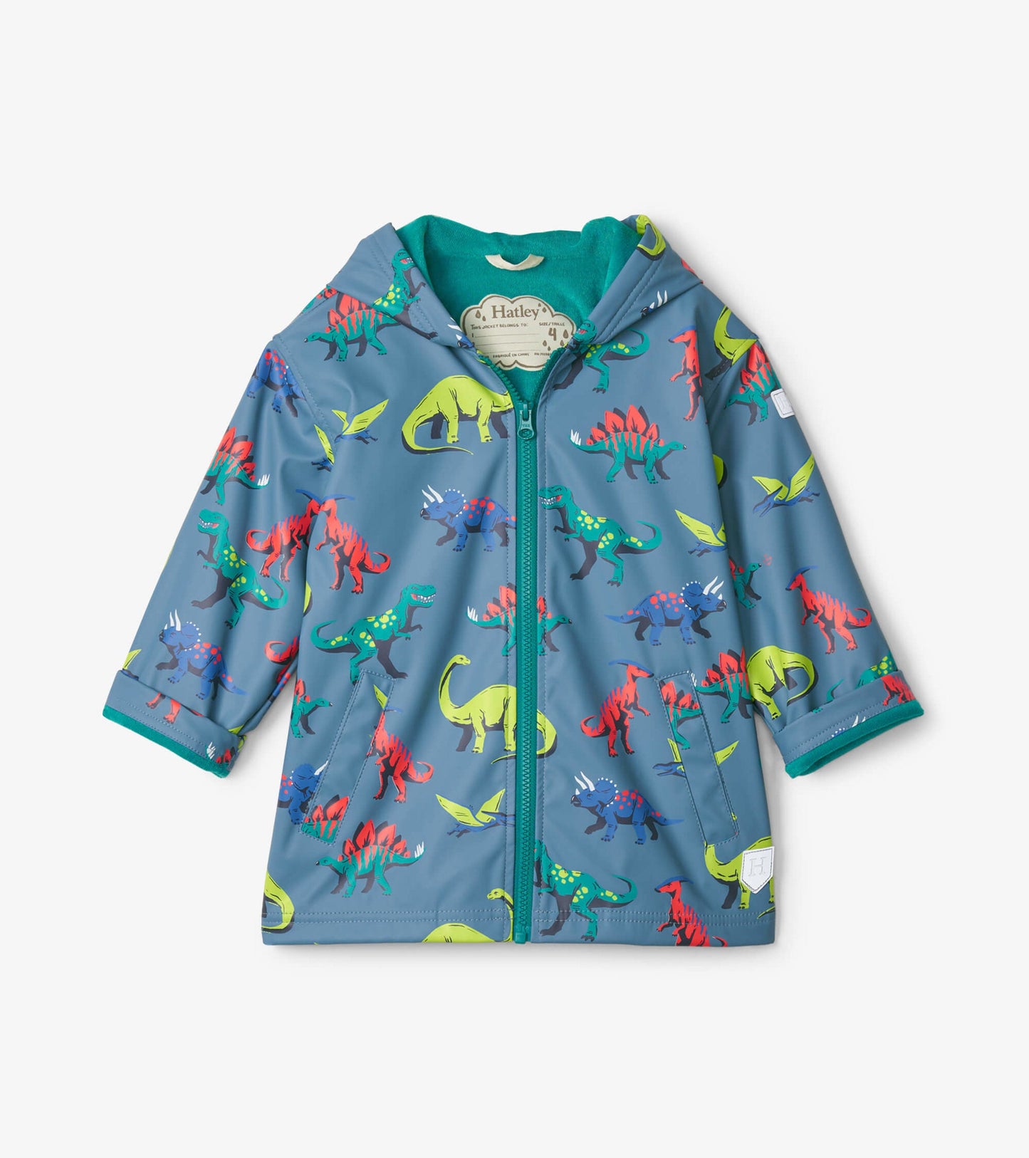 Blue splash jacket featuring colorful dinosaur patterns and a hood, suitable for kids.