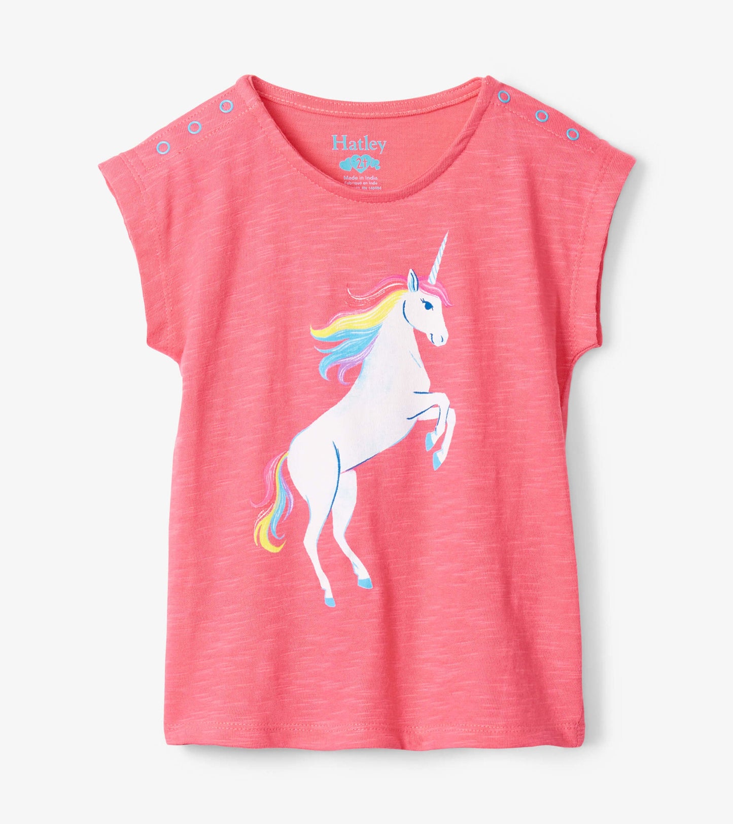 Pink toddler tee featuring a colorful unicorn graphic and snap button details on the shoulder.