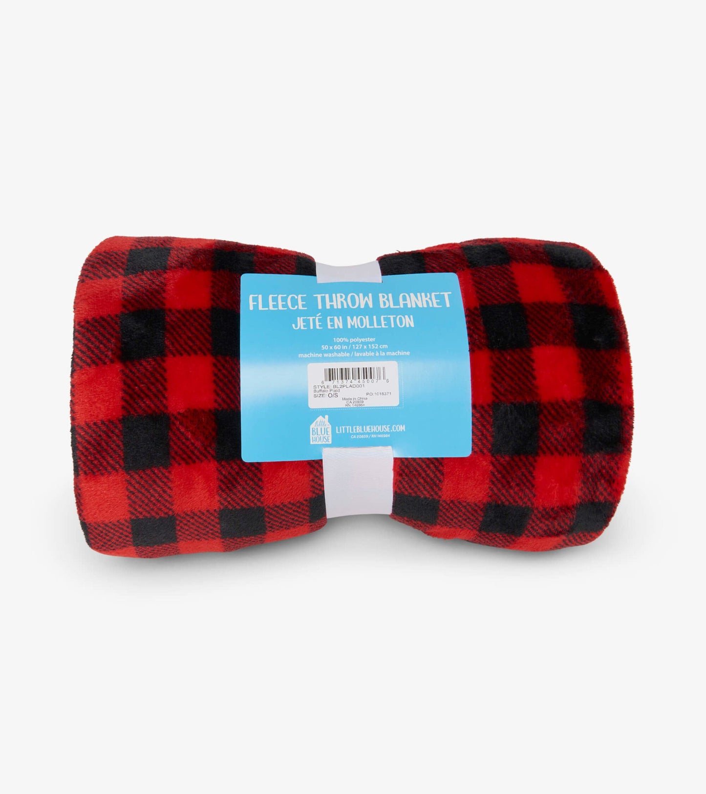 Red and black buffalo plaid fleece blanket, rolled with a label, suitable for cozying up or decorative use.