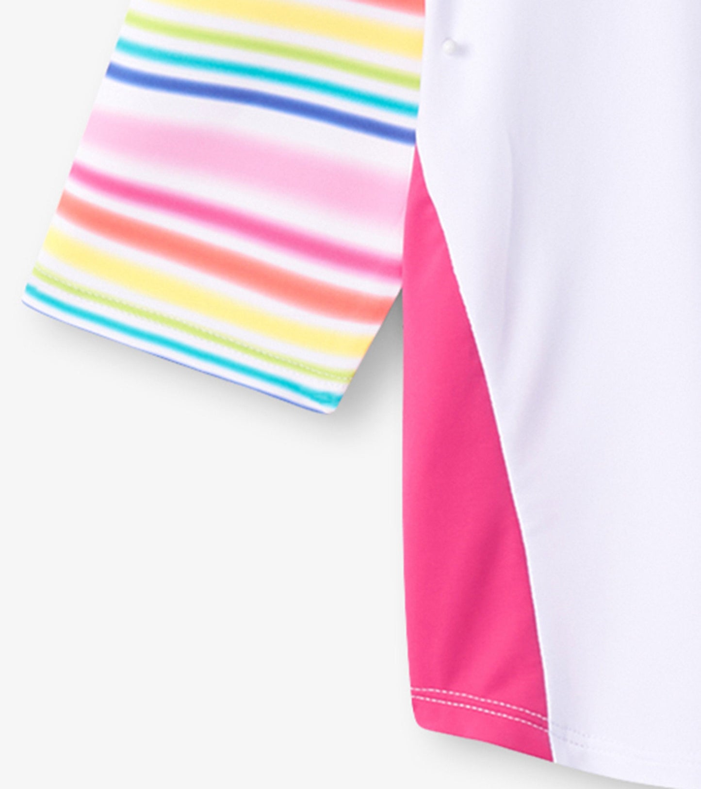 Two-piece rashguard set featuring colorful stripes and a pink side panel, designed for girls' swimwear.