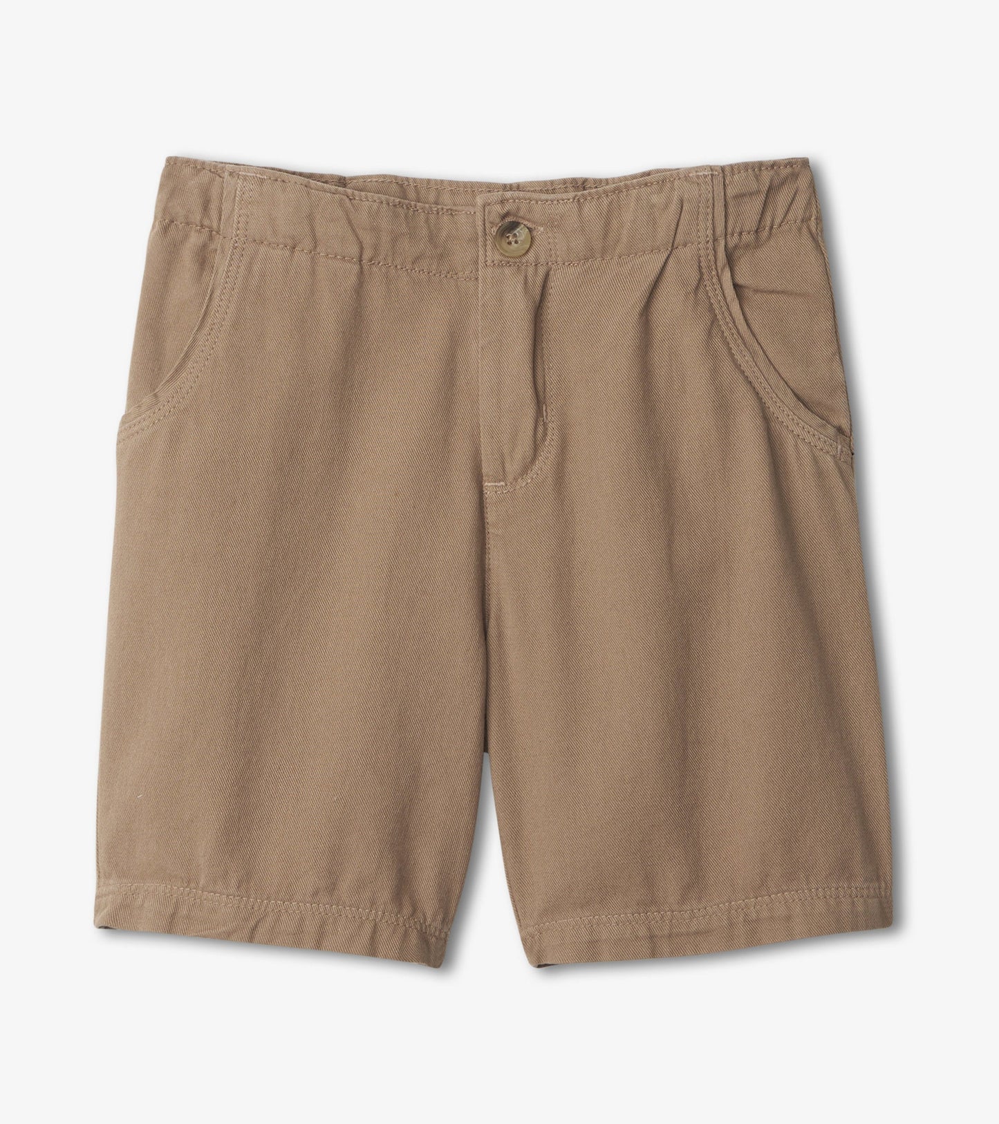 Khaki twill shorts with a button closure and side pockets, suitable for casual wear.