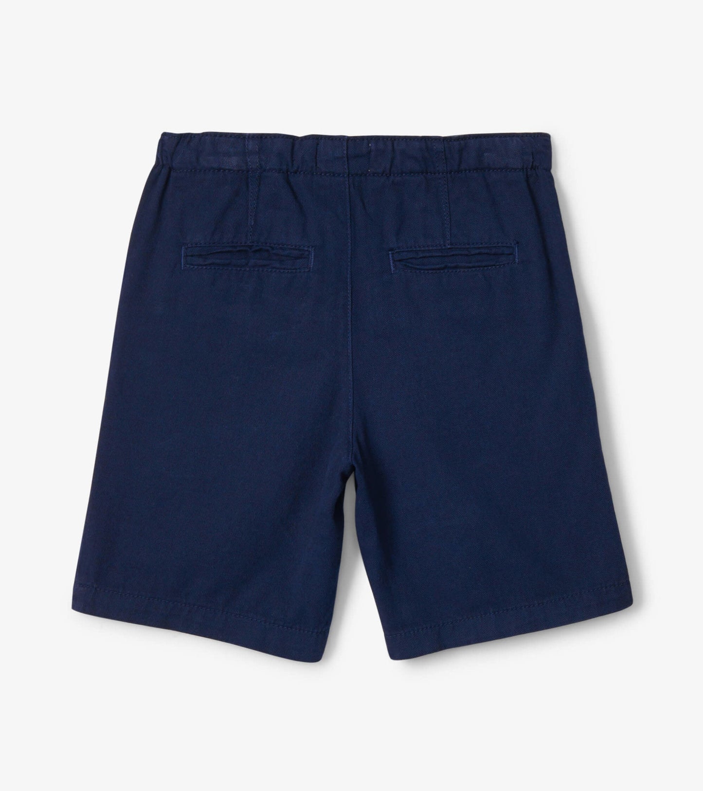 Navy twill shorts with a relaxed fit, featuring two back pockets and an elastic waistband.