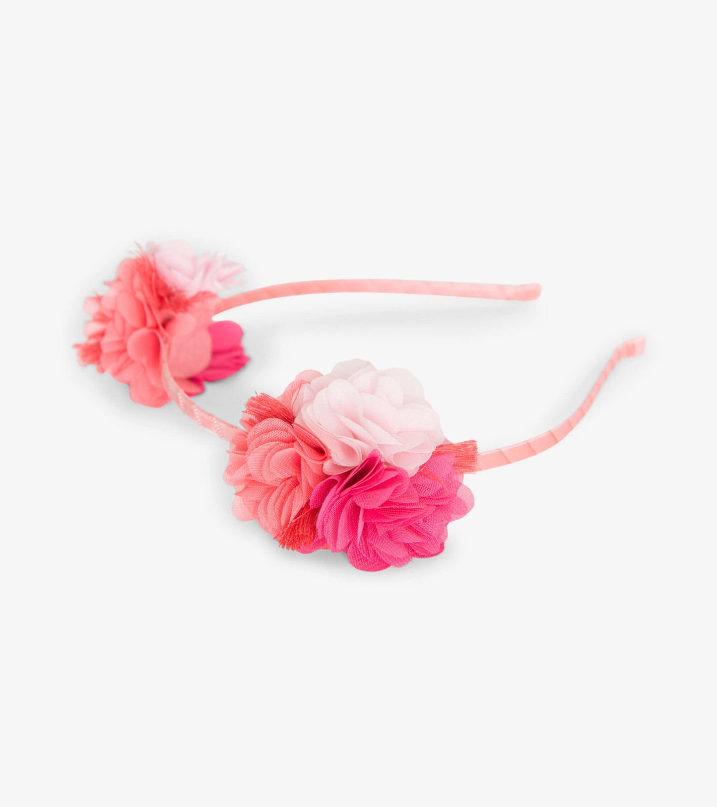 Pink floral headband featuring layered fabric flowers in shades of pink and coral, ideal for kids.