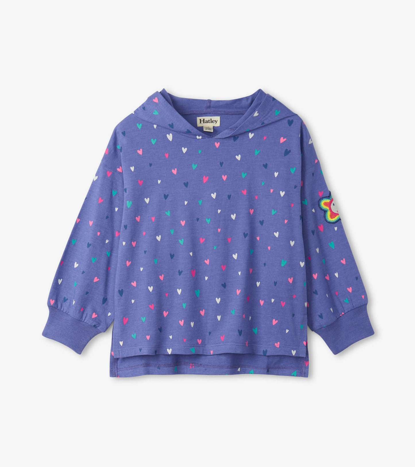 Purple hoodie featuring a colorful heart pattern and a rainbow patch on the sleeve. Long sleeves and a relaxed fit.