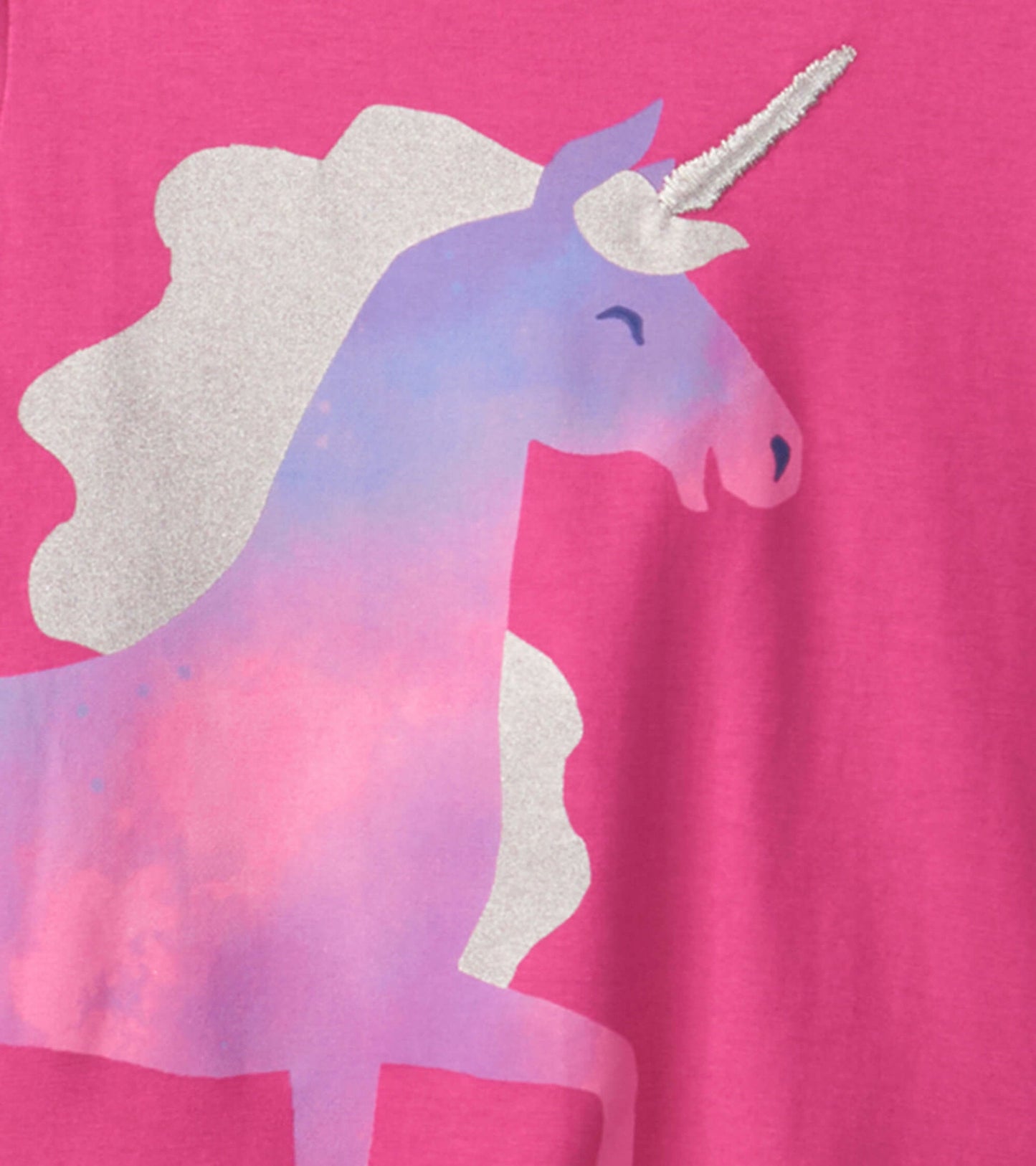 Raspberry long sleeve t-shirt featuring a colorful unicorn graphic with a glittery horn on a soft pink background.