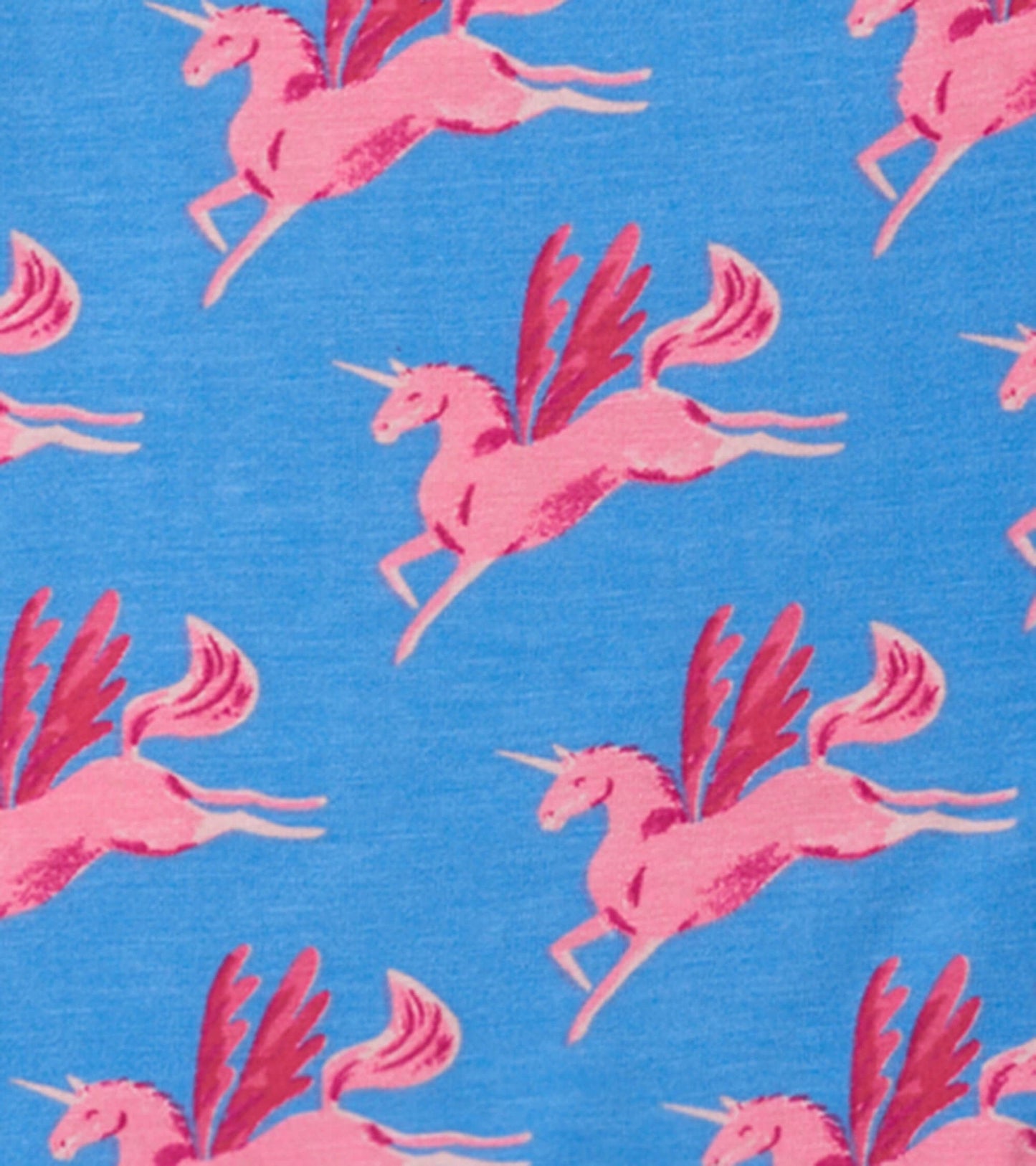 Pink unicorns with wings on a blue background, featuring a playful pattern suitable for kids' pajamas.