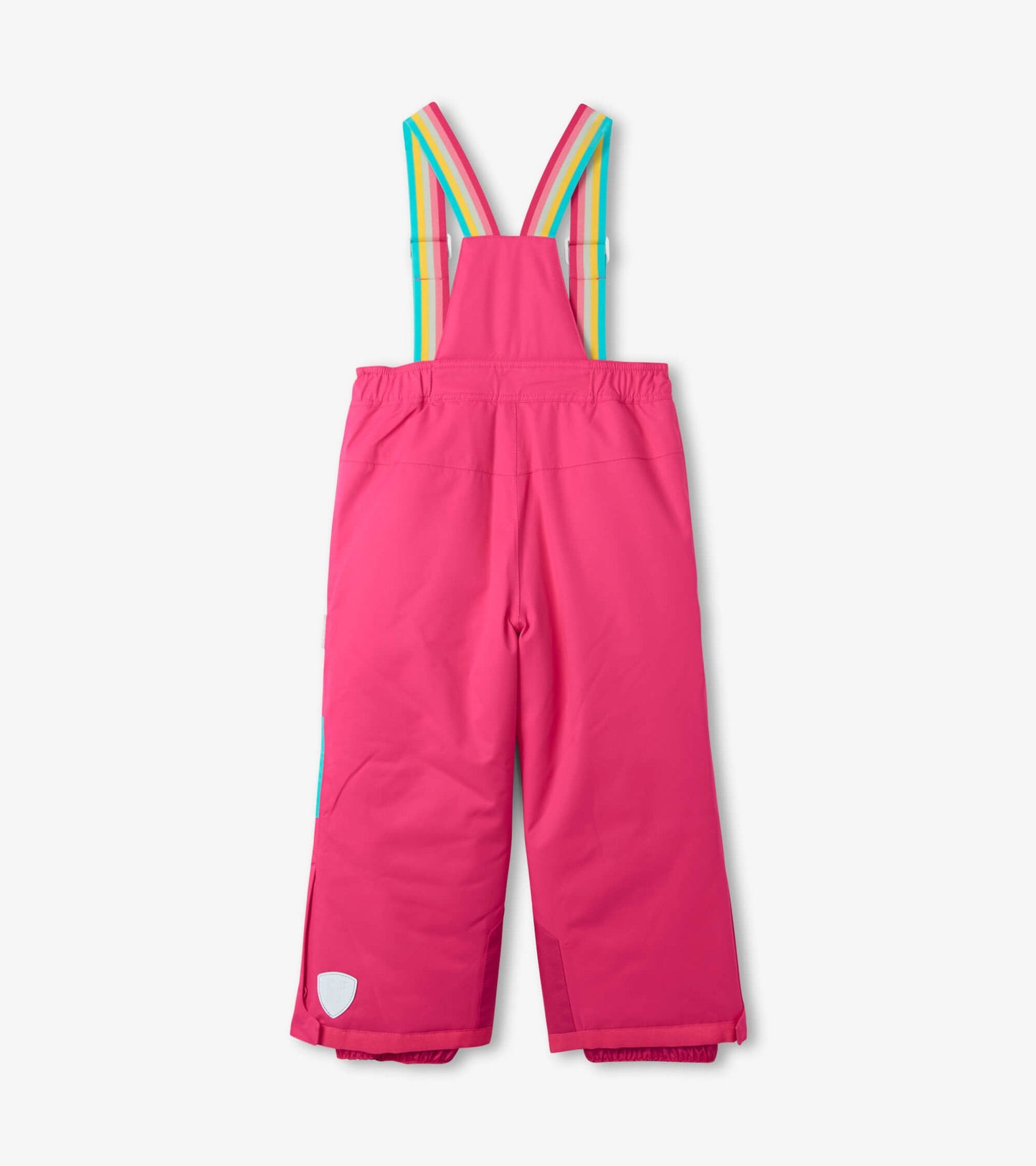 Bright pink kids' snow pants with adjustable rainbow straps and elastic waistband, designed for winter activities.
