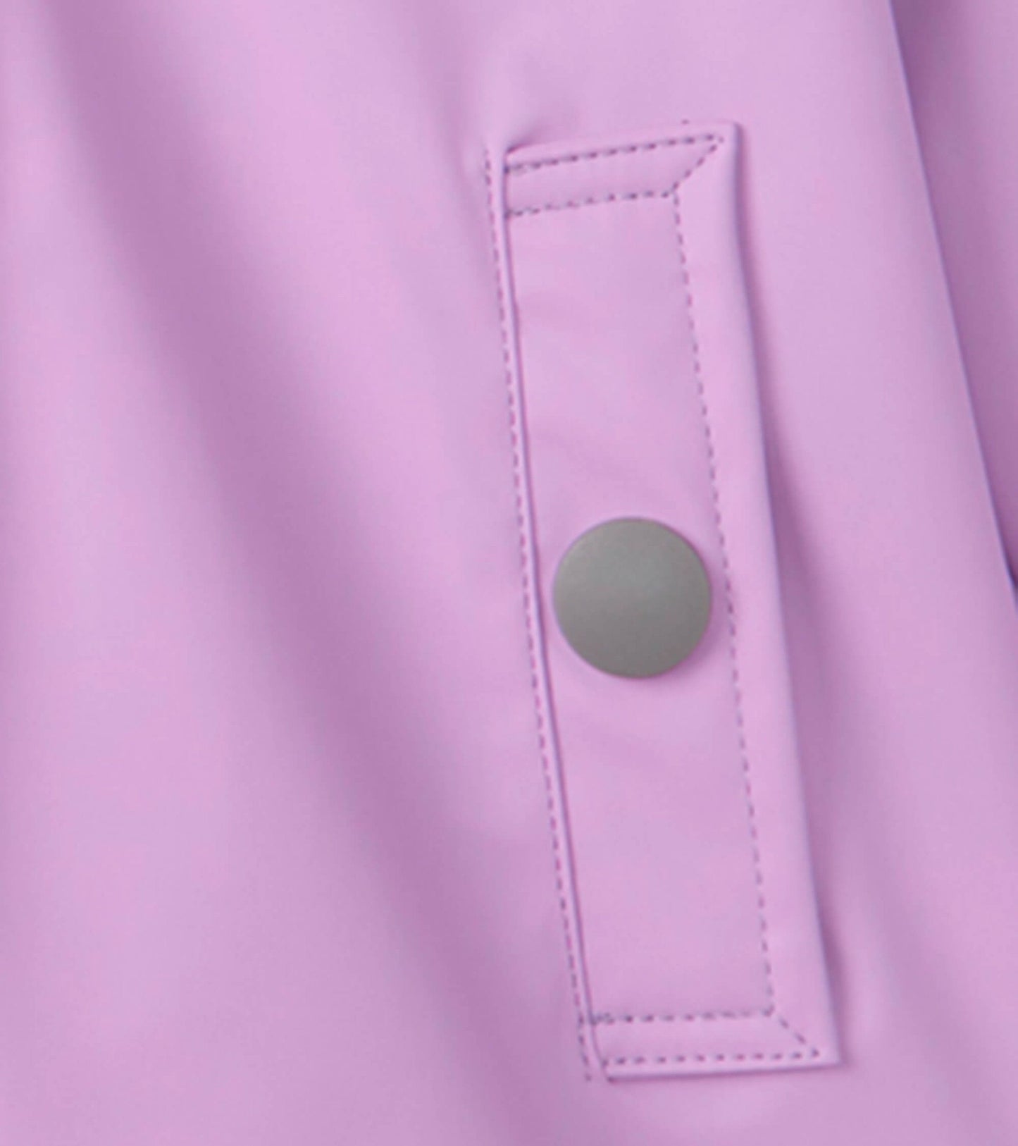 Lilac button-up raincoat featuring a snap button pocket and smooth, waterproof material.