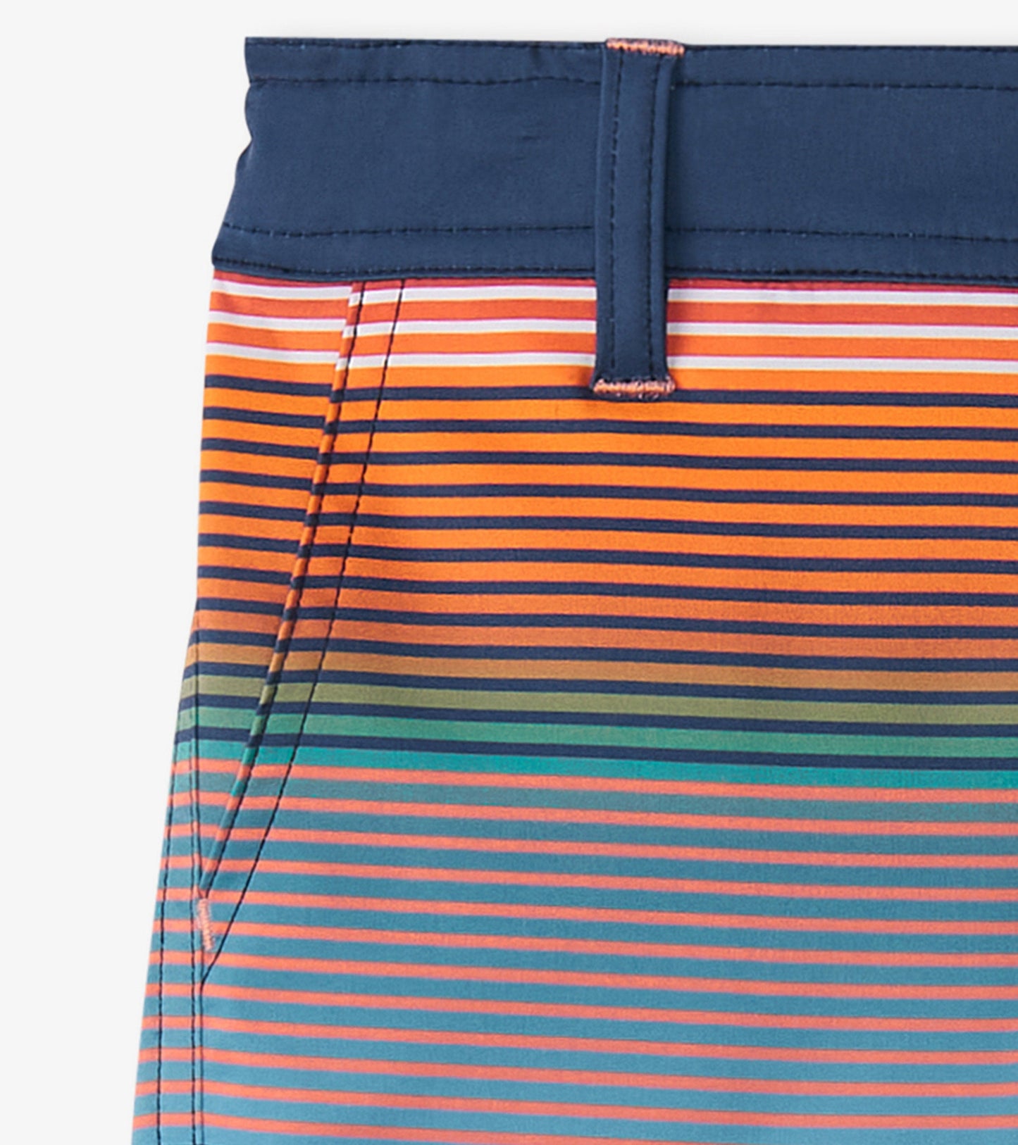 Boys' quick-dry shorts featuring vibrant horizontal stripes in orange, blue, and green with a navy waistband.