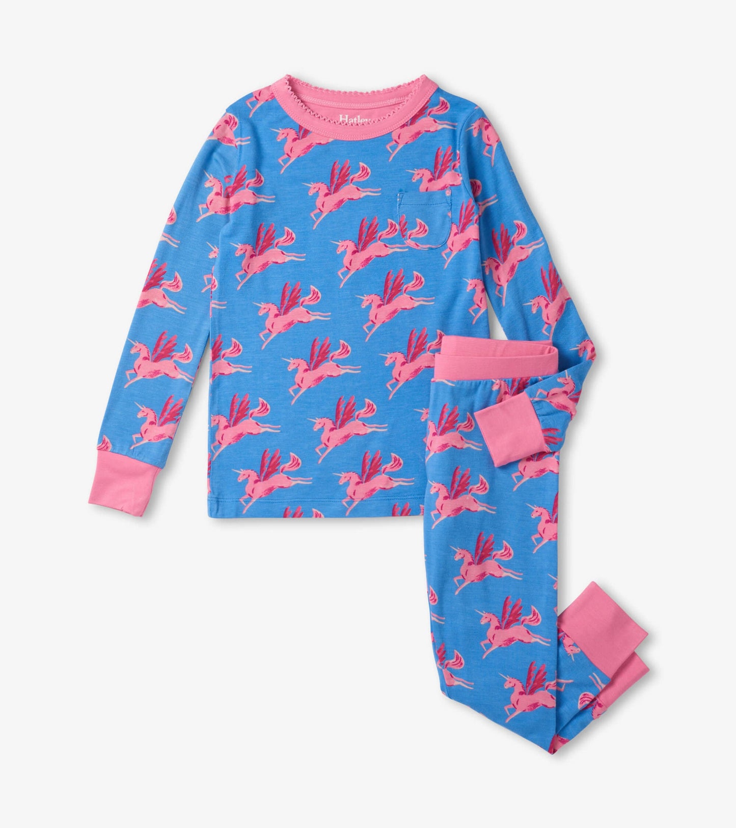 Blue pajama set featuring pink flying unicorns, with long sleeves and matching pants, designed for kids.