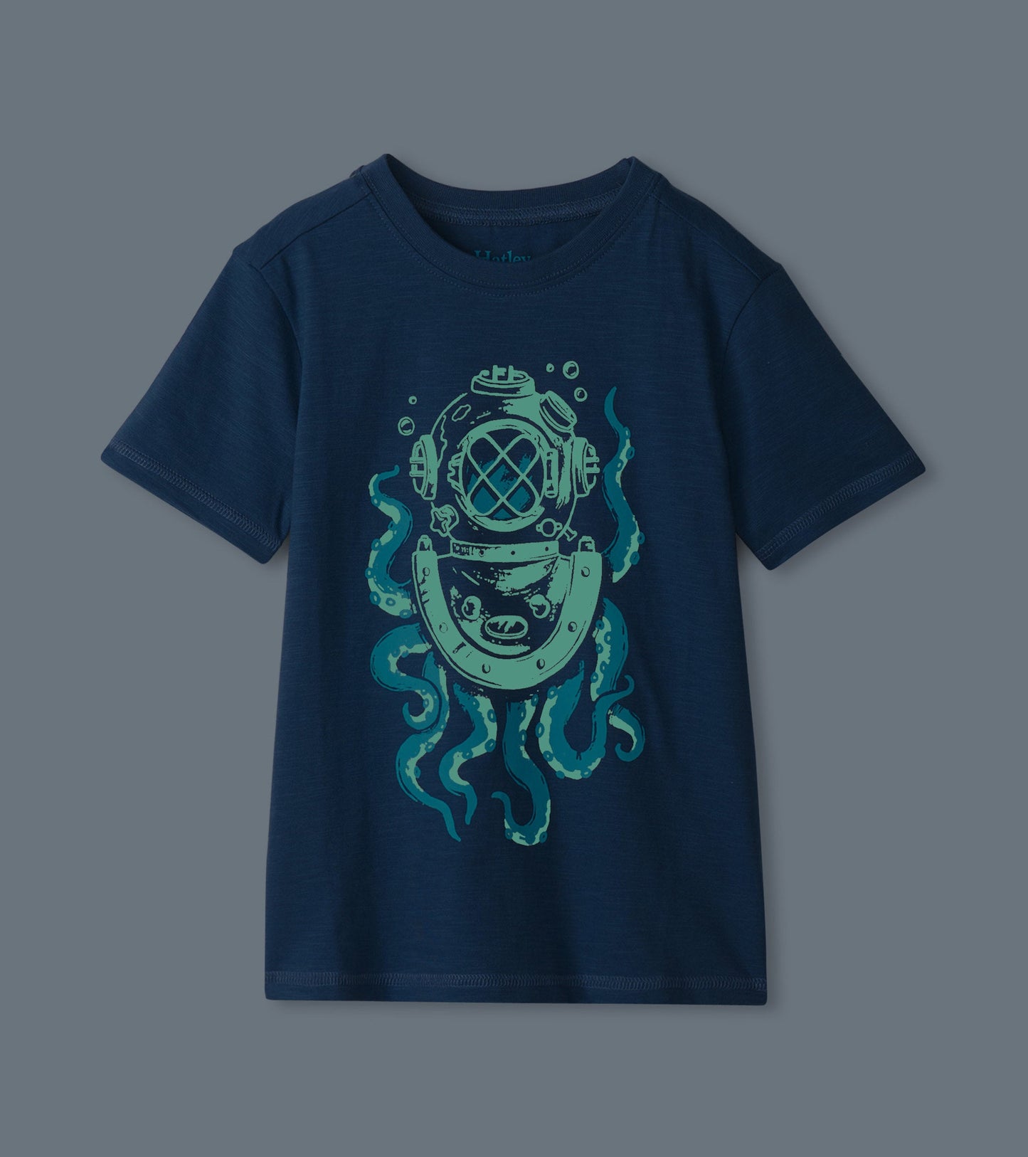 Navy blue short-sleeve tee featuring a graphic of a diver and swirling seaweed design.