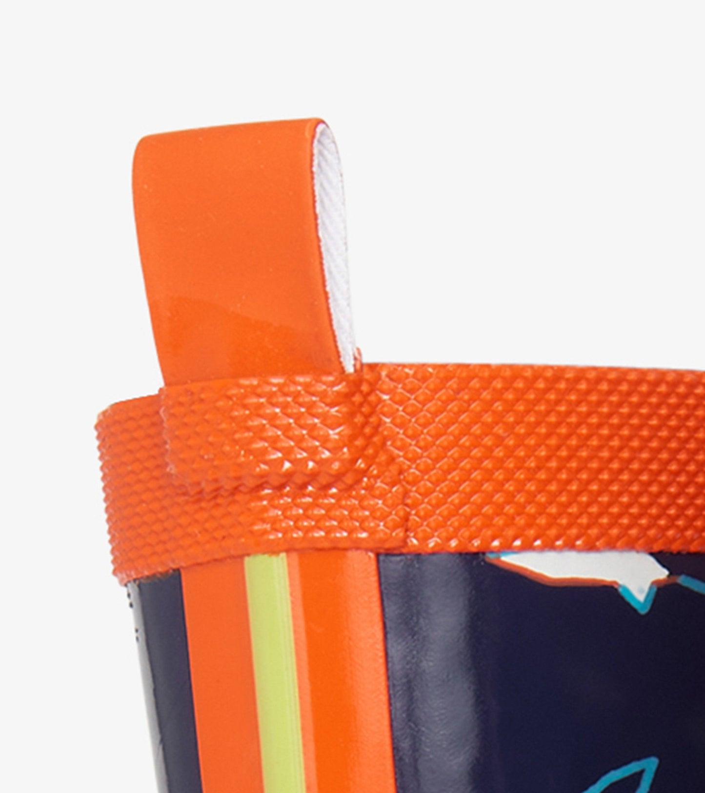 Shiny navy wellies with orange accents and shark pattern, featuring a pull tab for easy wear.