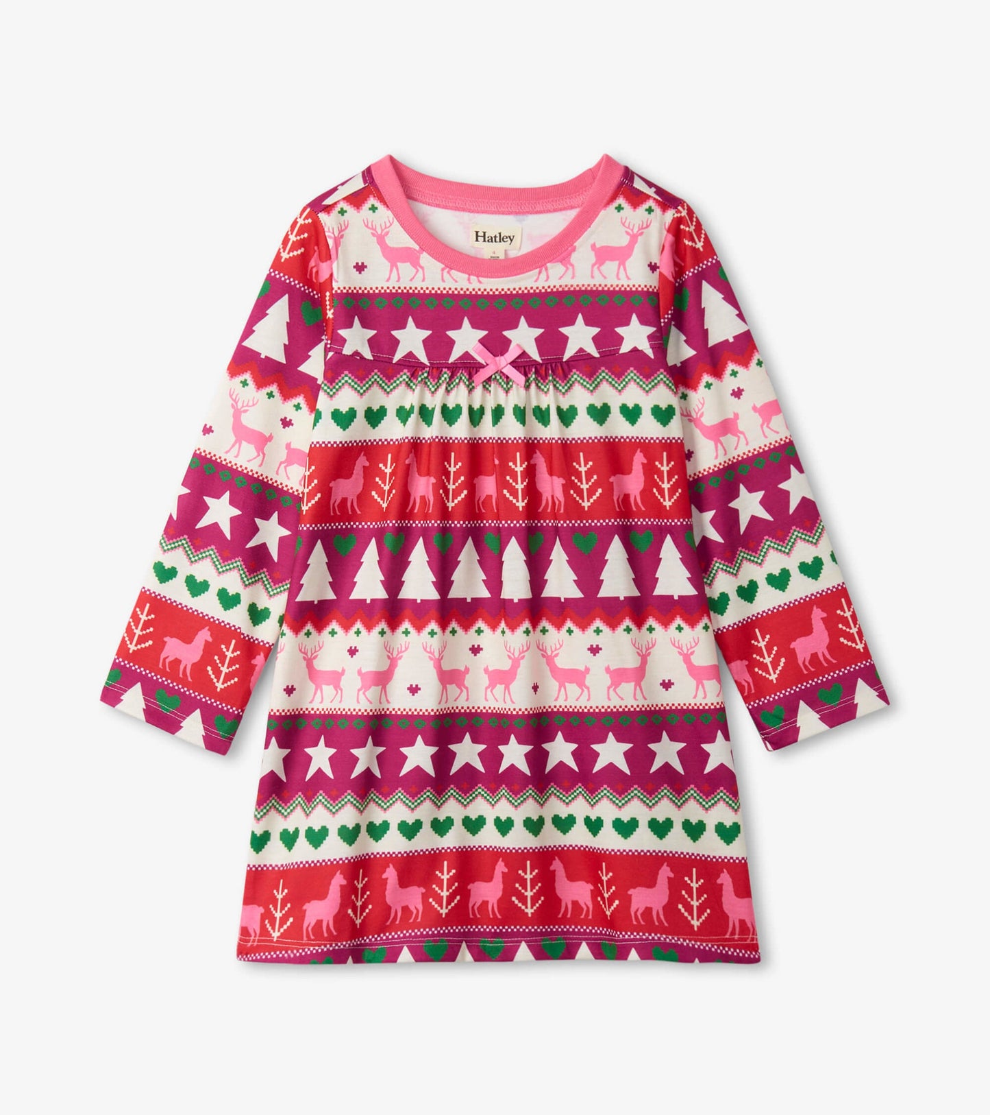 Long sleeve girls nightgown featuring a colorful Fair Isle pattern with reindeer, trees, and stars on a light background.