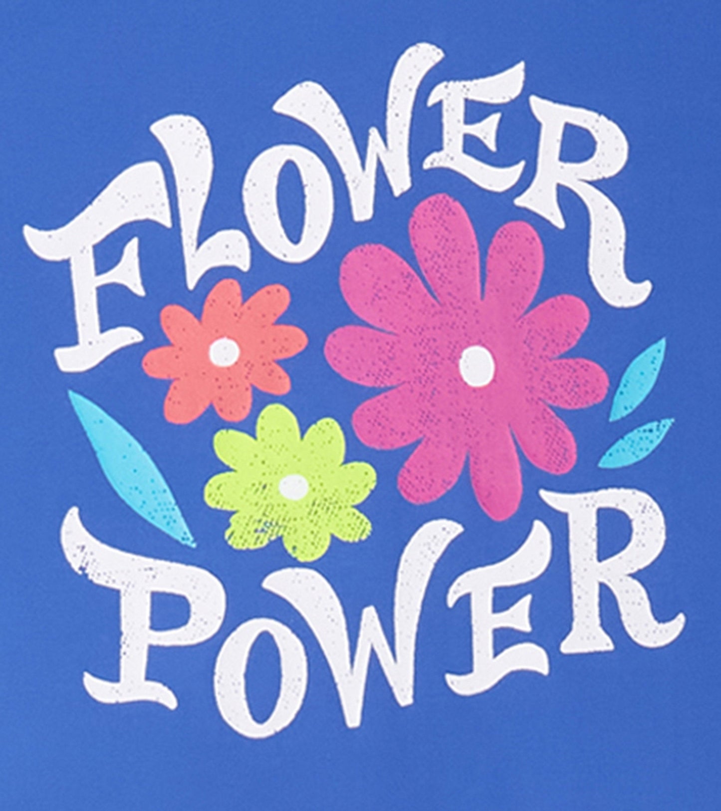 Colorful floral graphic with the text "Flower Power" on a blue background, suitable for a girls' bikini set.