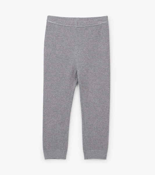 Silver glitter cable knit leggings for babies, featuring a soft texture and snug fit, suitable for casual wear.