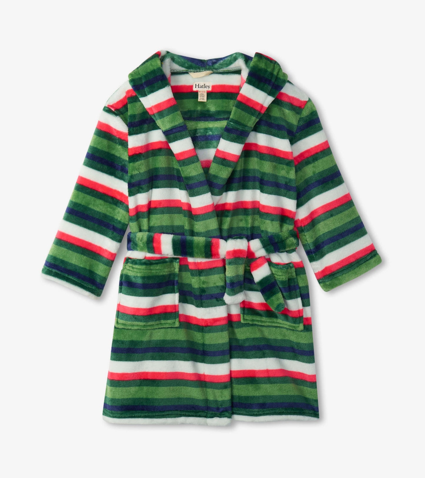 Green fleece robe with red, white, and blue stripes, featuring a hood, belt, and two front pockets.