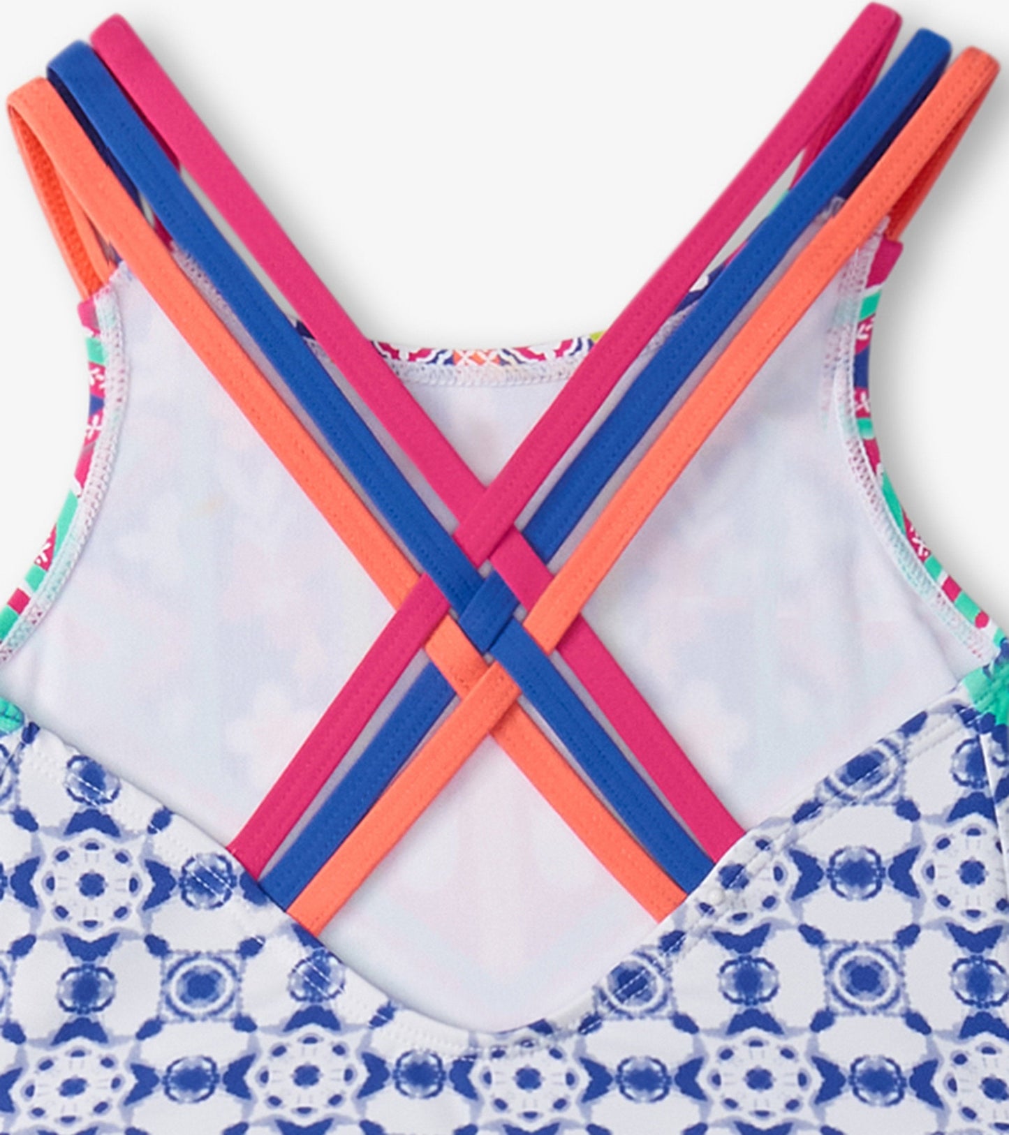 Back view of a girls' two-piece bikini set featuring colorful crisscross straps and a blue kaleidoscope pattern.