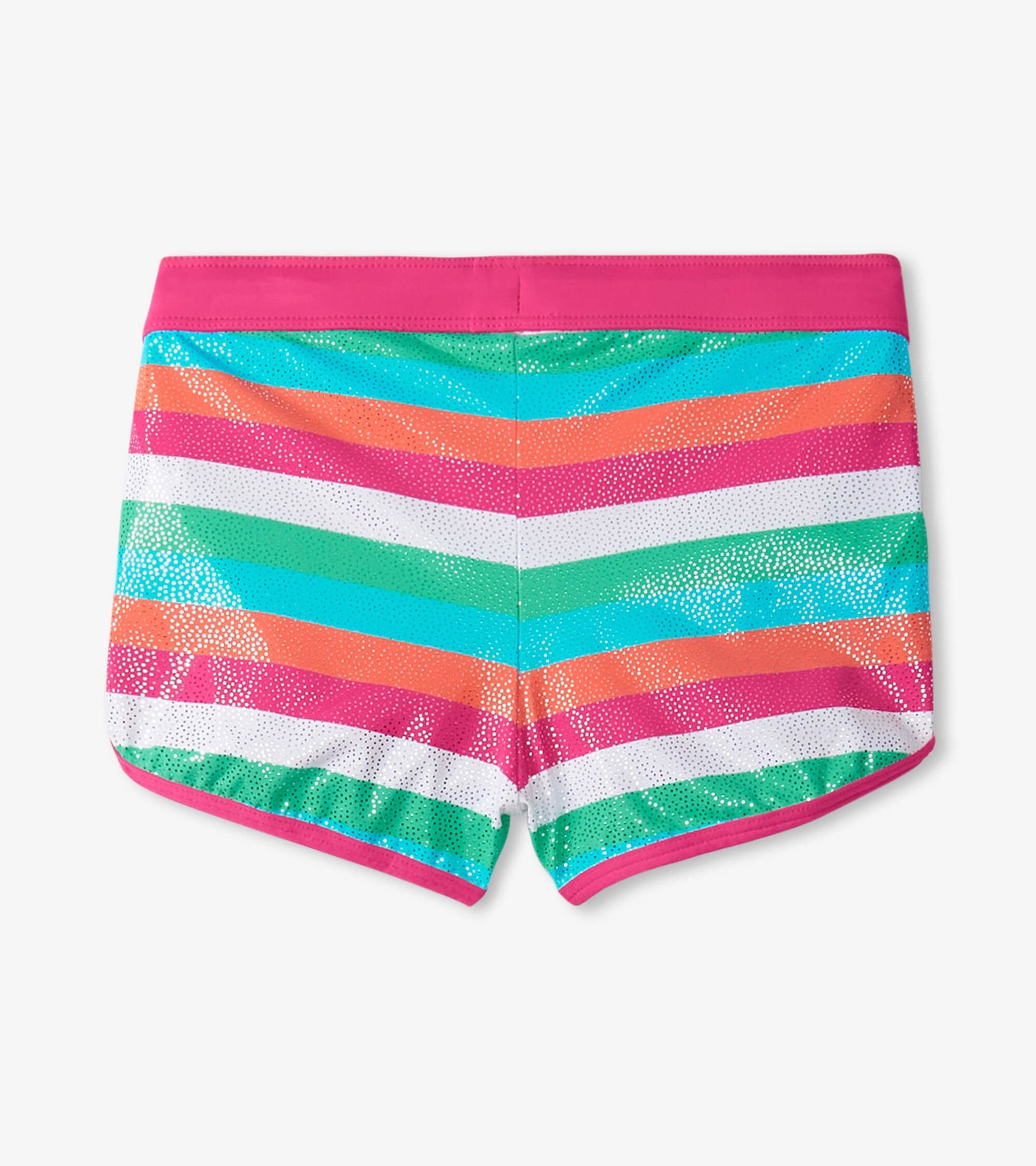 Colorful swim shorts featuring horizontal stripes in pink, orange, green, and blue with a shiny finish.