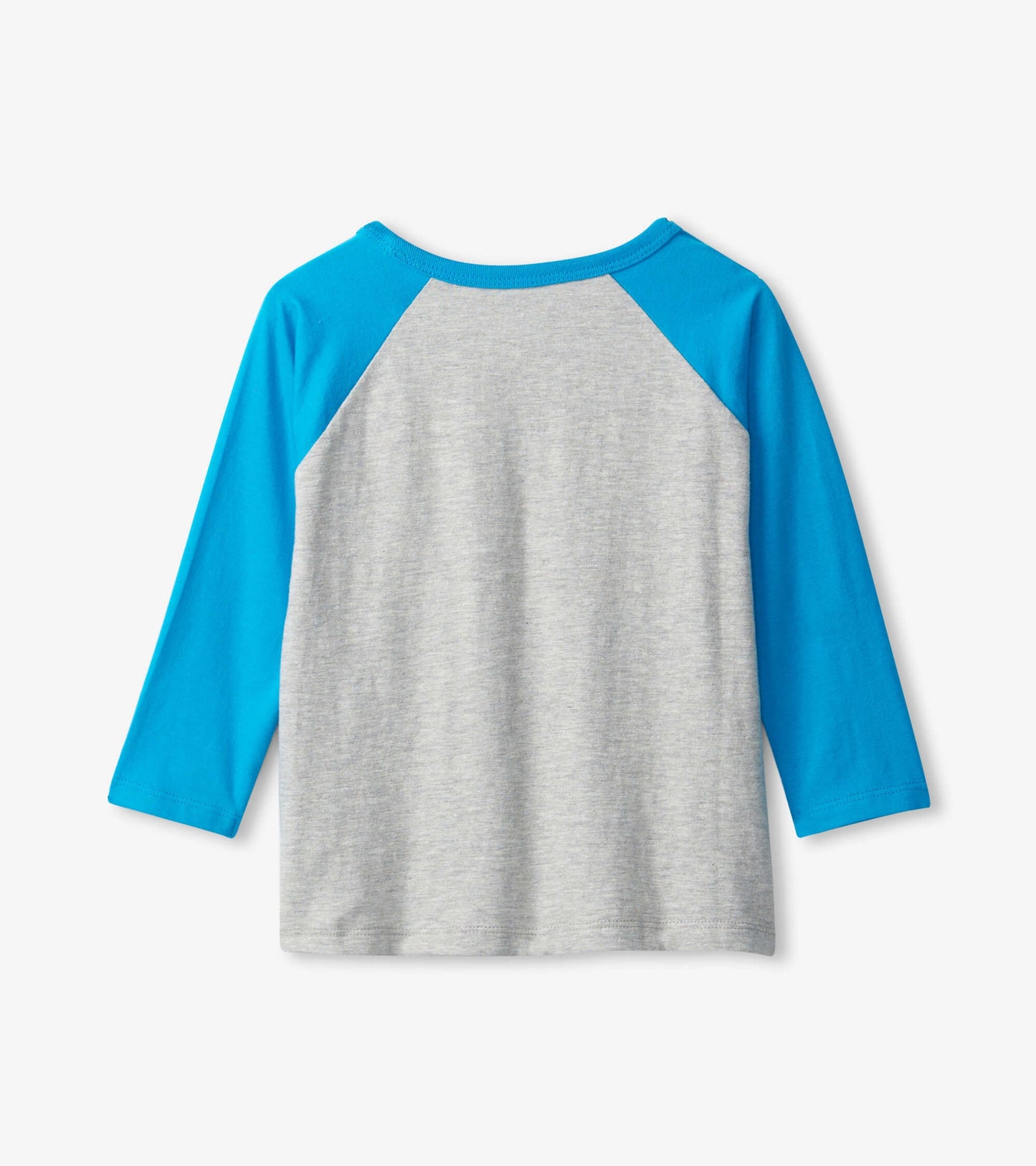 Gray long sleeve t-shirt with blue raglan sleeves, suitable for kids.
