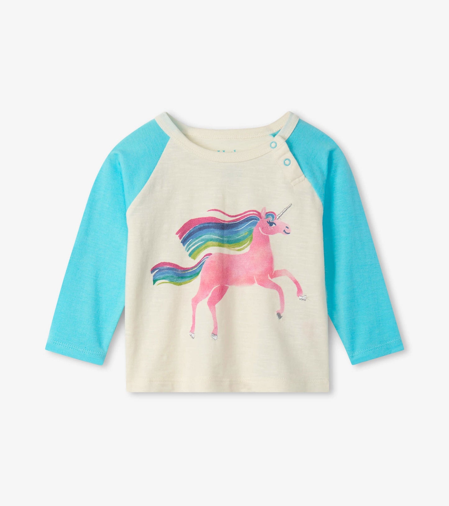 Light cream baby tee with turquoise raglan sleeves and a colorful unicorn graphic on the front.