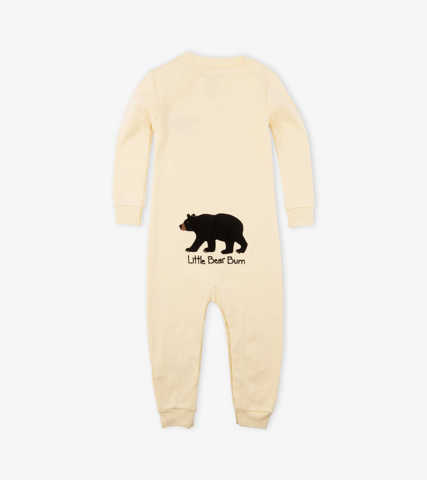 Cream-colored baby sleeper featuring a black bear graphic and "Little Bear Bum" text on the back.