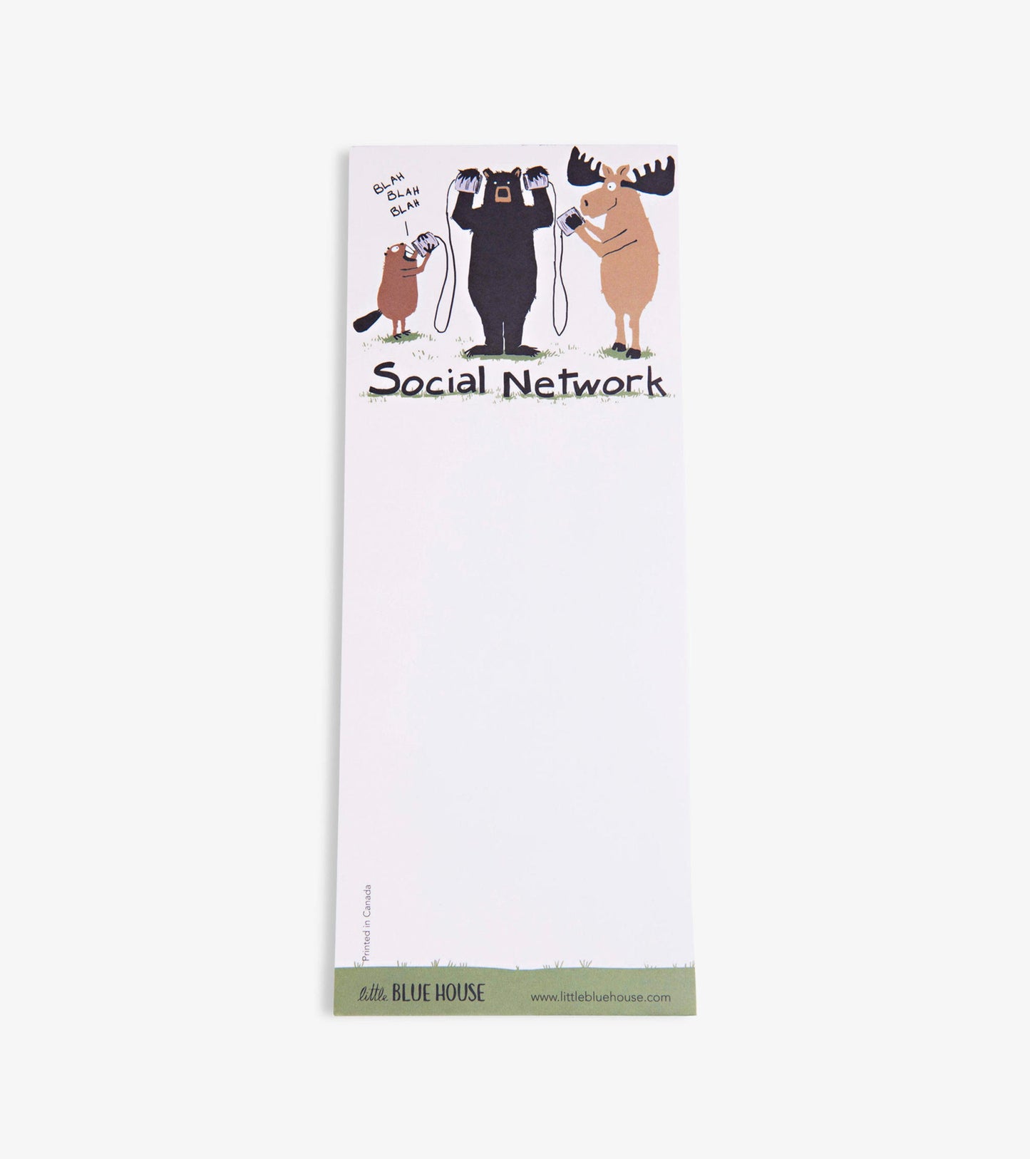 Notepad featuring cartoon animals with phones, titled "Social Network," on a white background with a green bottom edge.
