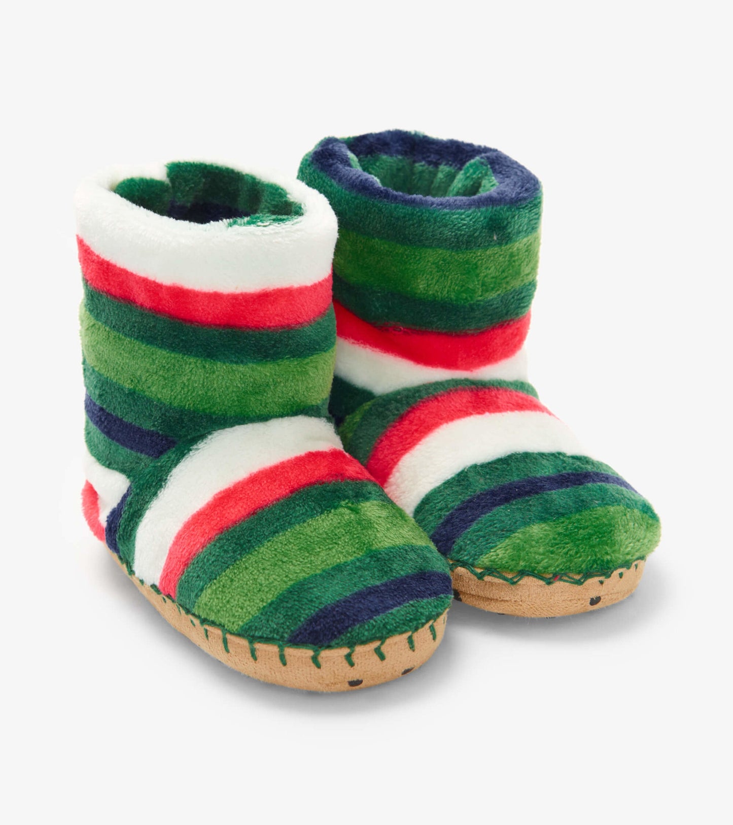 Green and red striped fleece slippers with a soft interior and rubber sole, designed for kids.