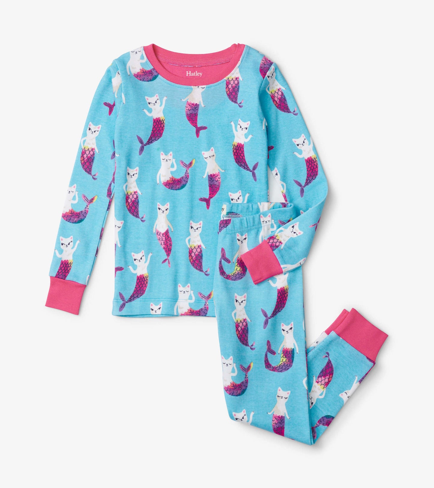 Light blue pajama set featuring playful mermaid cats, with pink cuffs and neckline. Includes long-sleeve top and pants.