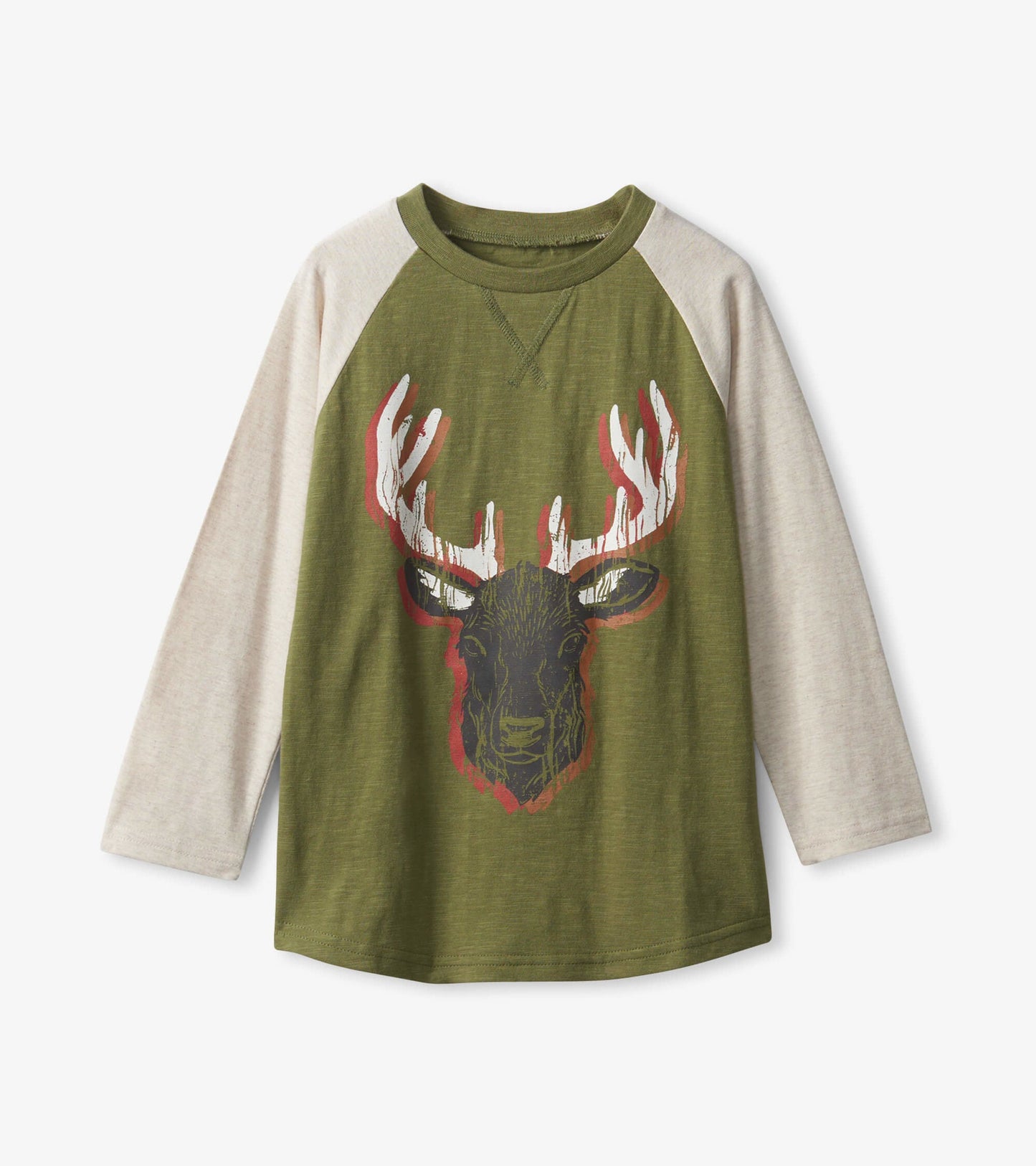 Long sleeve t-shirt in olive green with cream sleeves, featuring a graphic of a moose head on the front.