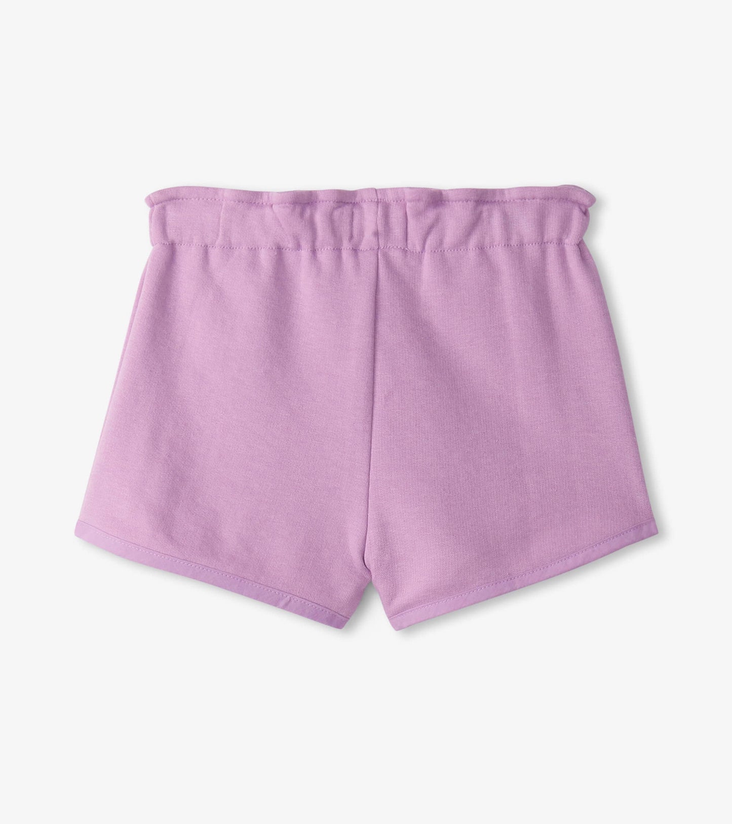 Lilac paper bag shorts with an elastic waistband, featuring a soft, smooth fabric and a relaxed fit.