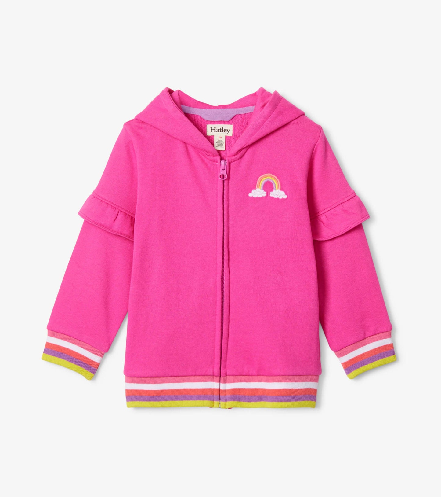Bright pink toddler hoodie with flutter sleeves, rainbow embroidery, and striped cuffs and hem. Zipper front closure.