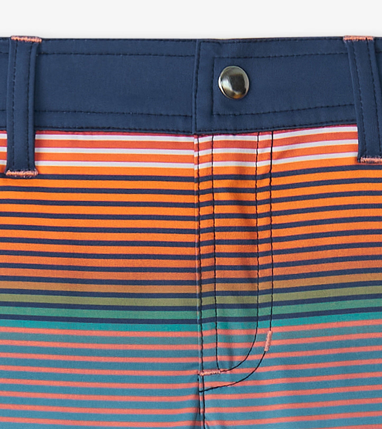 Boys' quick-dry shorts featuring vibrant horizontal stripes in orange, blue, and green with a navy waistband.