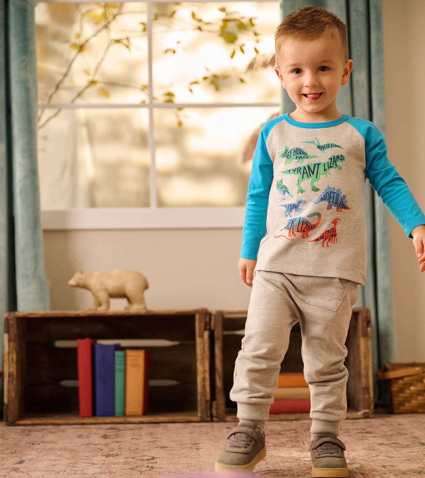 Gray long sleeve t-shirt with turquoise sleeves featuring colorful dinosaur graphics, paired with gray jogger pants.