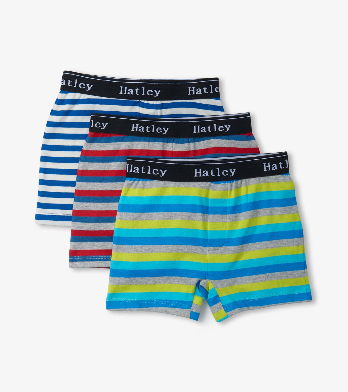 Three pairs of boys' boxer briefs featuring colorful stripes in blue, gray, red, and green with elastic waistbands.