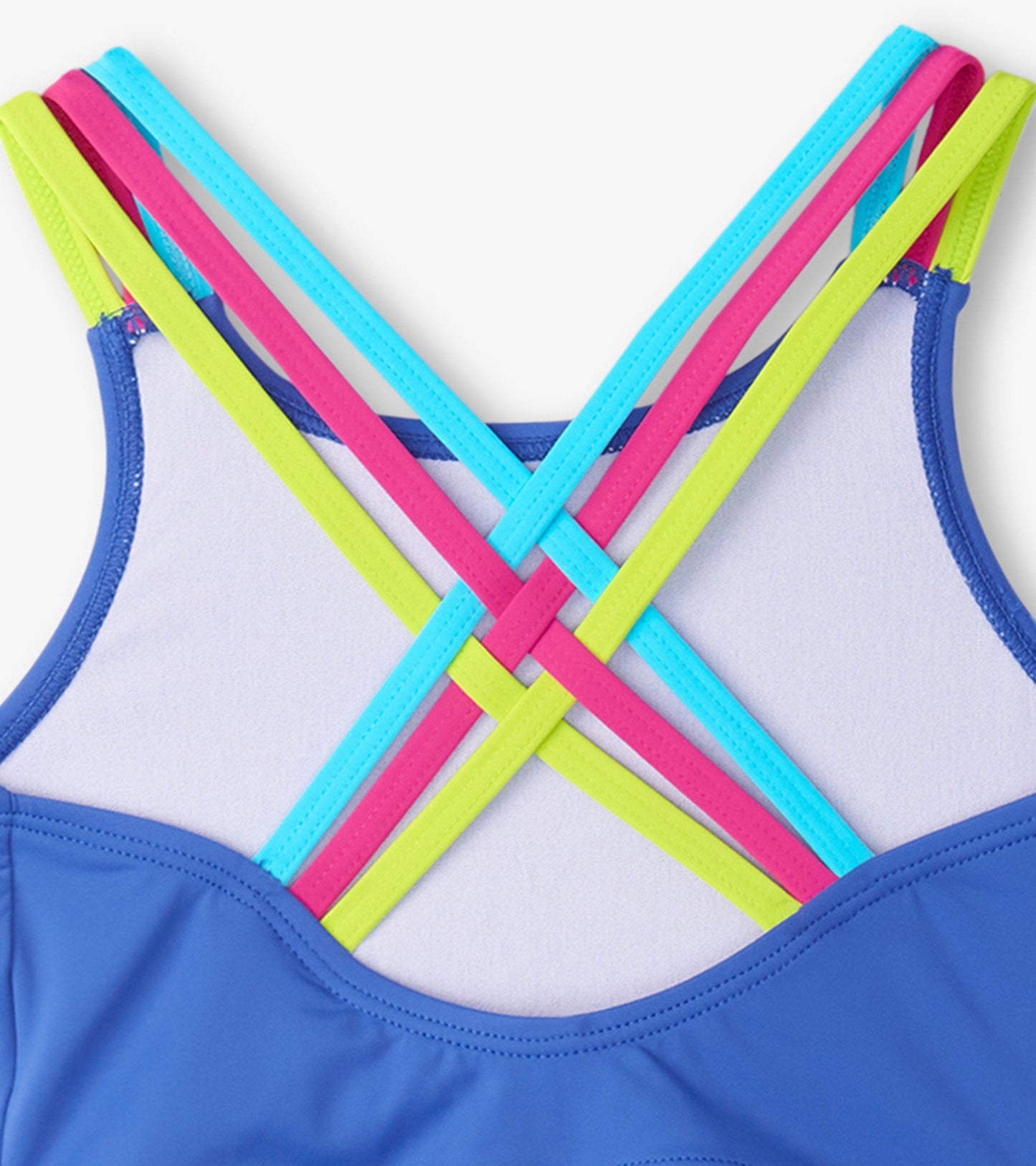 Back view of a blue bikini top with colorful crisscross straps in pink, green, and blue.