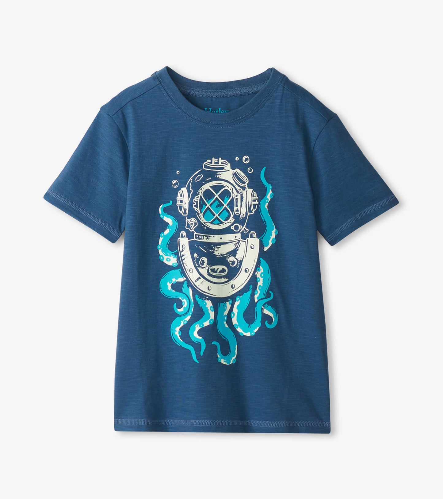 Navy blue short-sleeve tee featuring a diver graphic surrounded by teal seaweed.