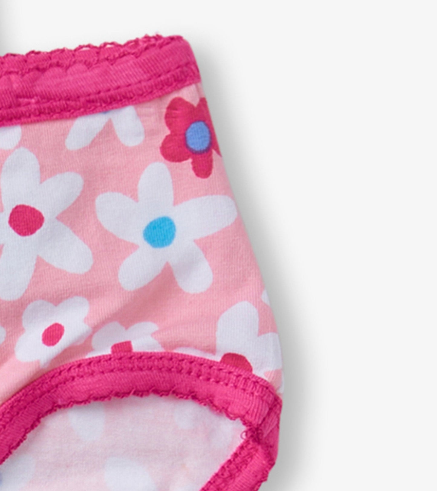 Pink girls' brief underwear featuring a floral pattern with white and blue flowers, trimmed with a pink elastic waistband.