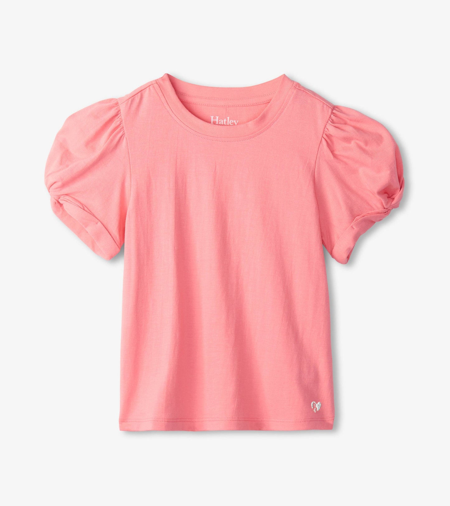 Pink short-sleeve tee with twisted sleeves and a round neckline, made from soft fabric.
