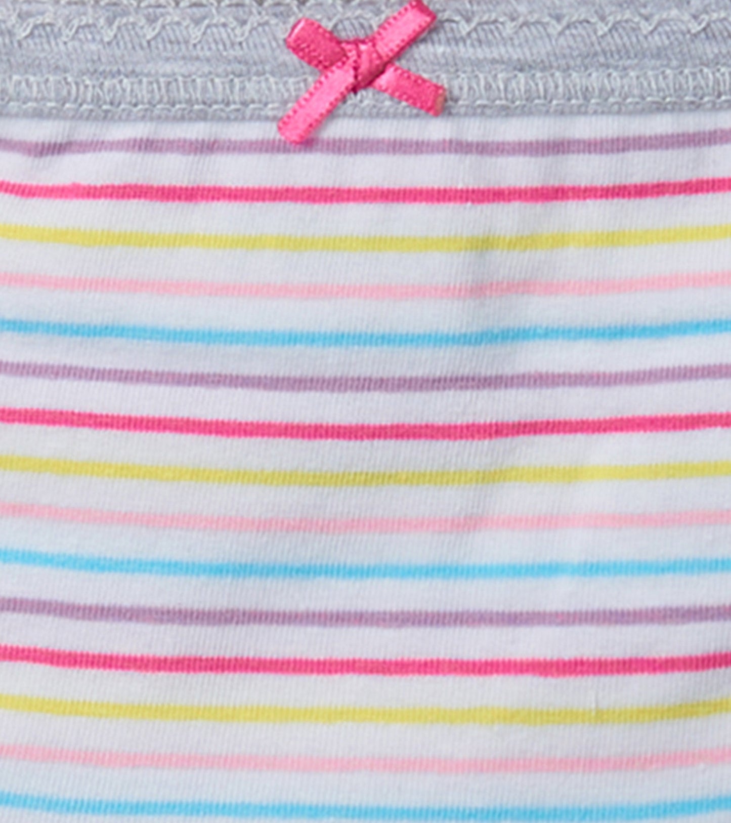 Hipster underwear featuring vibrant horizontal stripes in pink, blue, yellow, and purple with a decorative bow detail.
