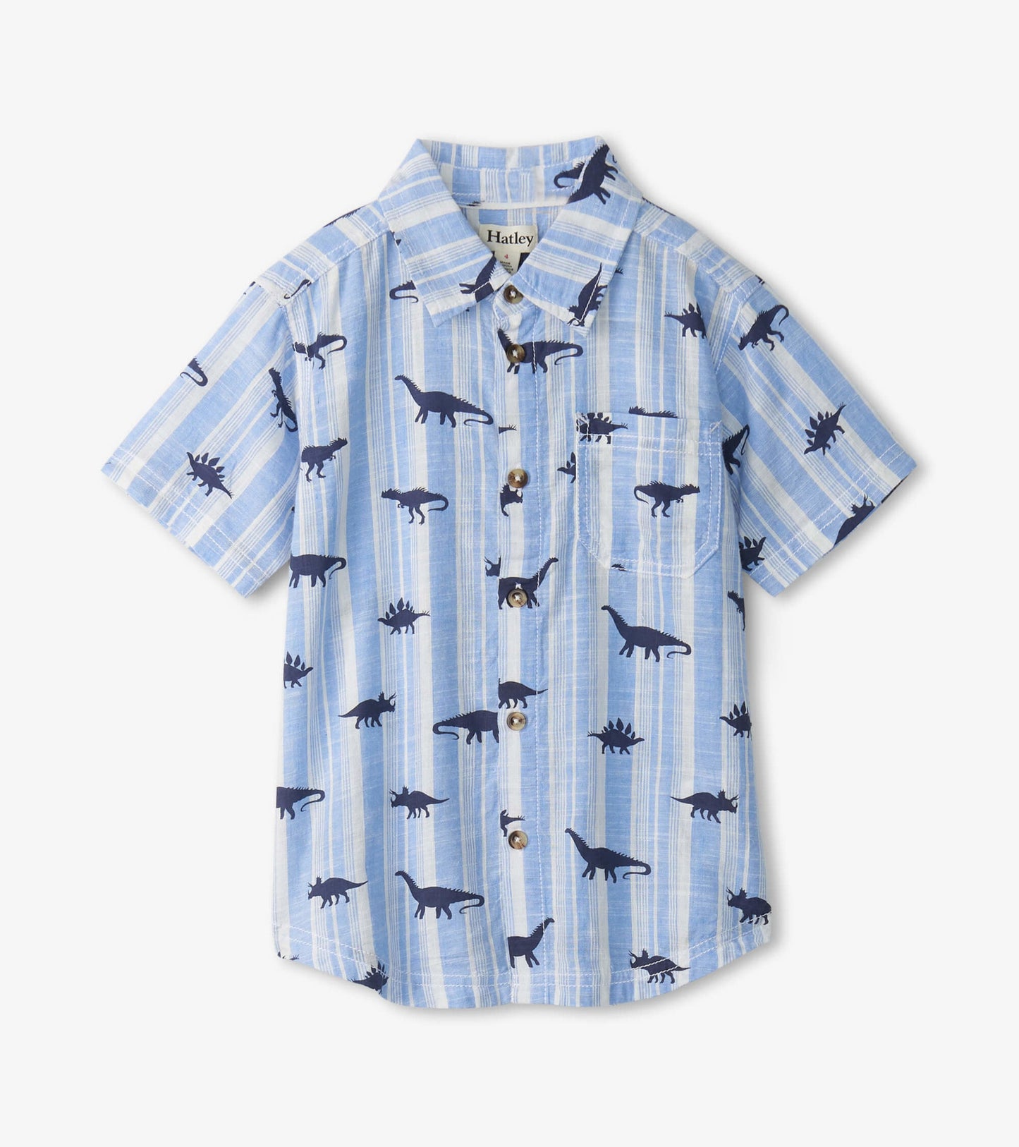 Short-sleeve button-down shirt featuring a blue striped pattern with black dinosaur silhouettes.