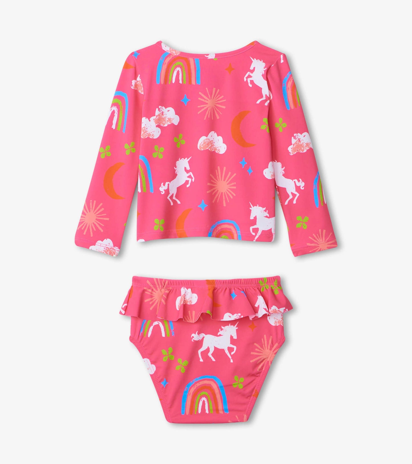 Pink long-sleeve rashguard set featuring unicorns, rainbows, and clouds, with a ruffled bikini bottom.