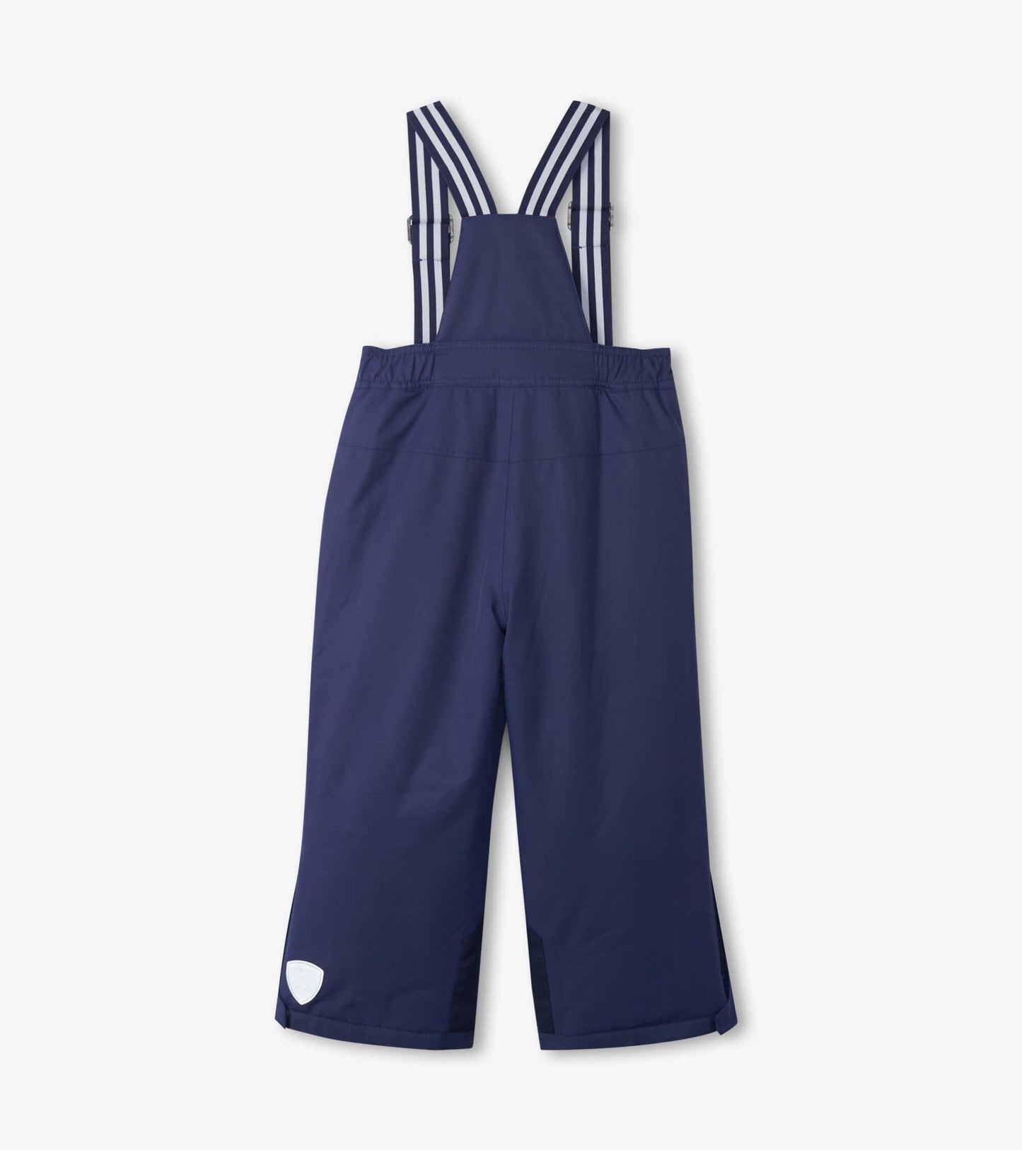 Navy snow pants with adjustable striped suspenders and a relaxed fit, designed for kids' winter activities.