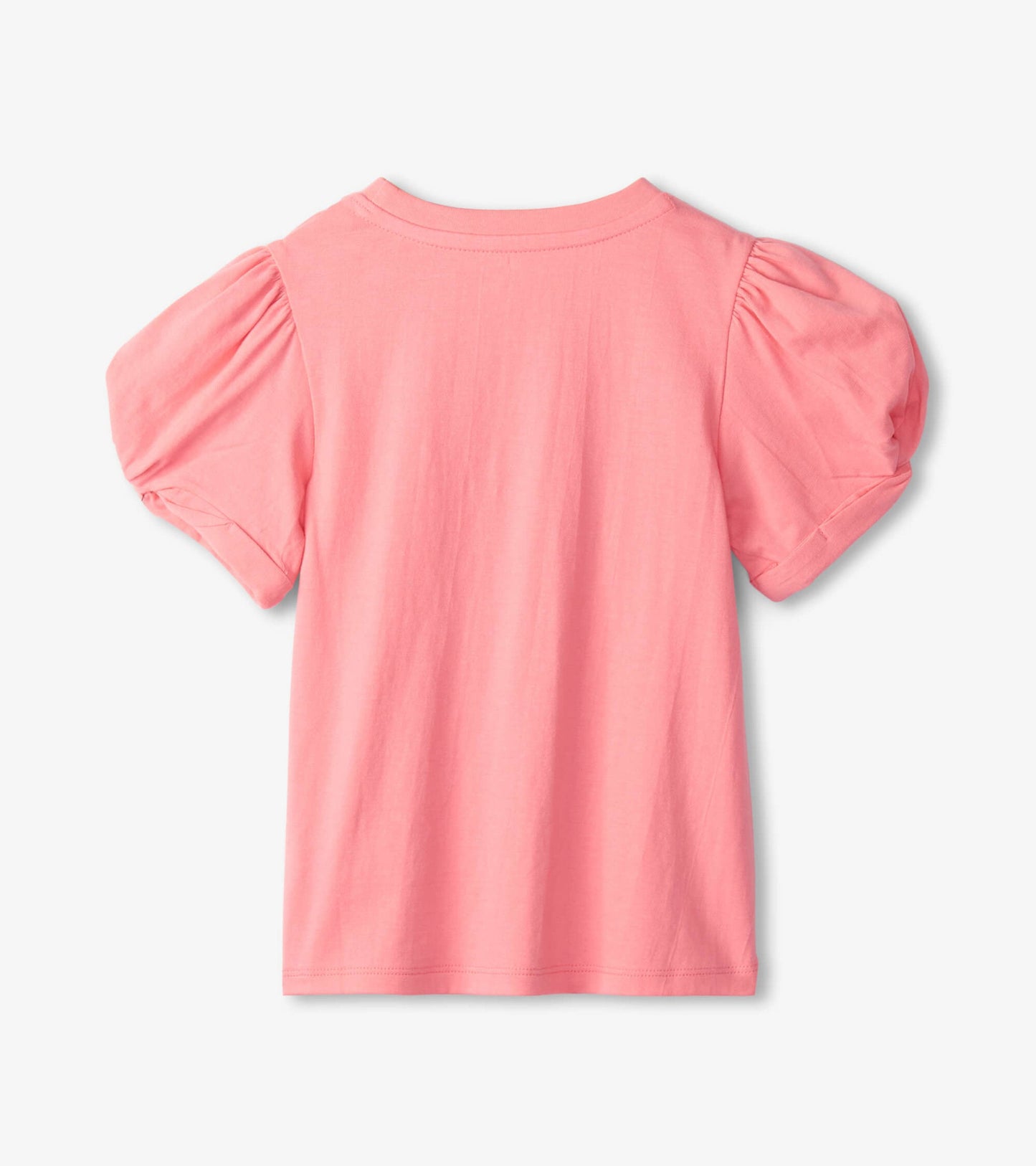 Pink short-sleeve tee with twisted sleeves and a round neckline, displayed from the back.