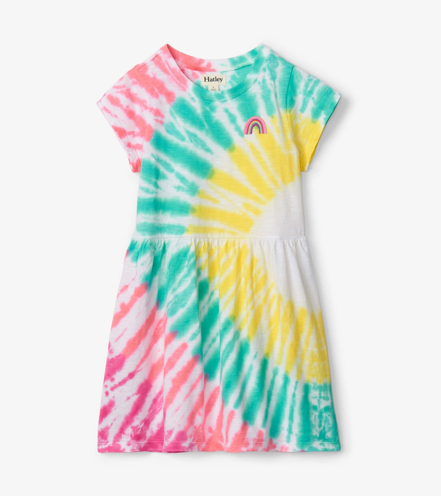 Short-sleeved skater dress featuring a tie-dye pattern in pink, teal, and yellow with a small rainbow graphic on the chest.