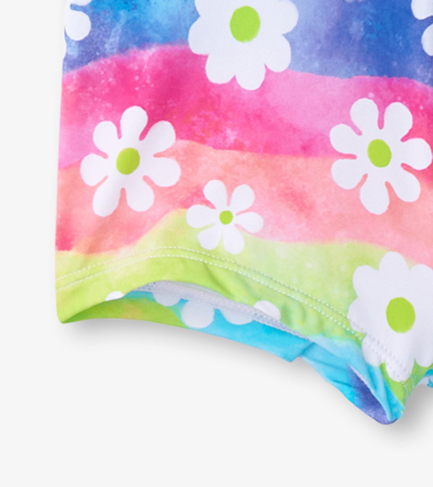 Colorful two-piece bikini set featuring a rainbow watercolor pattern with white flowers and green centers.